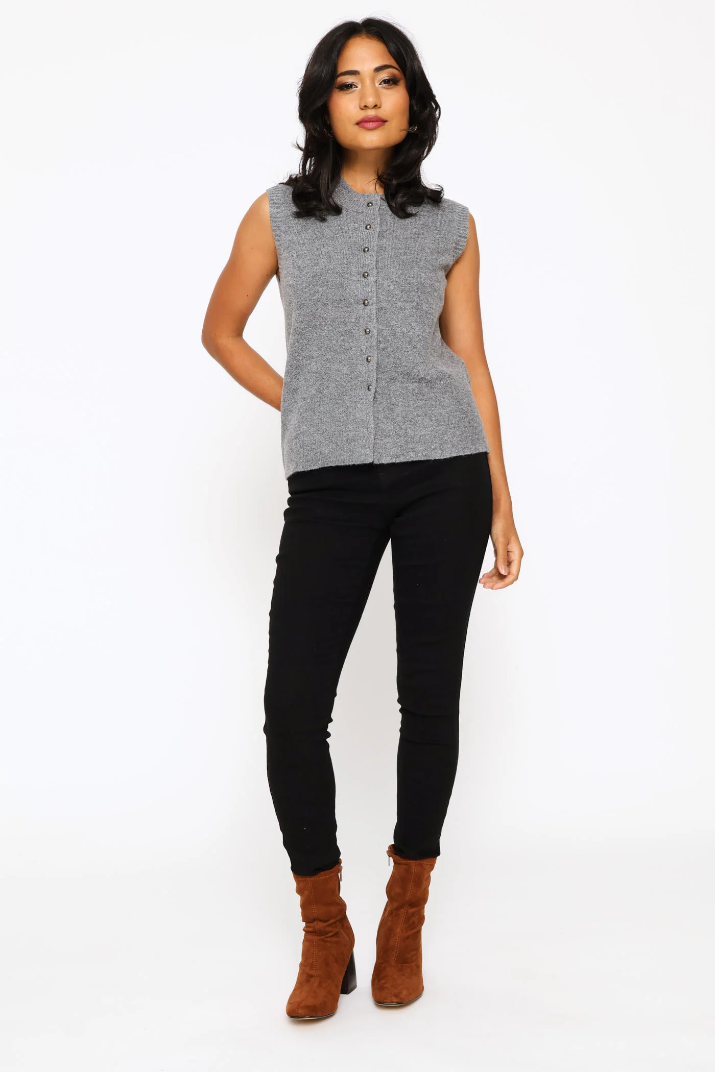 Sleeveless Button Through Vest - Charcoal Melange - Image 2