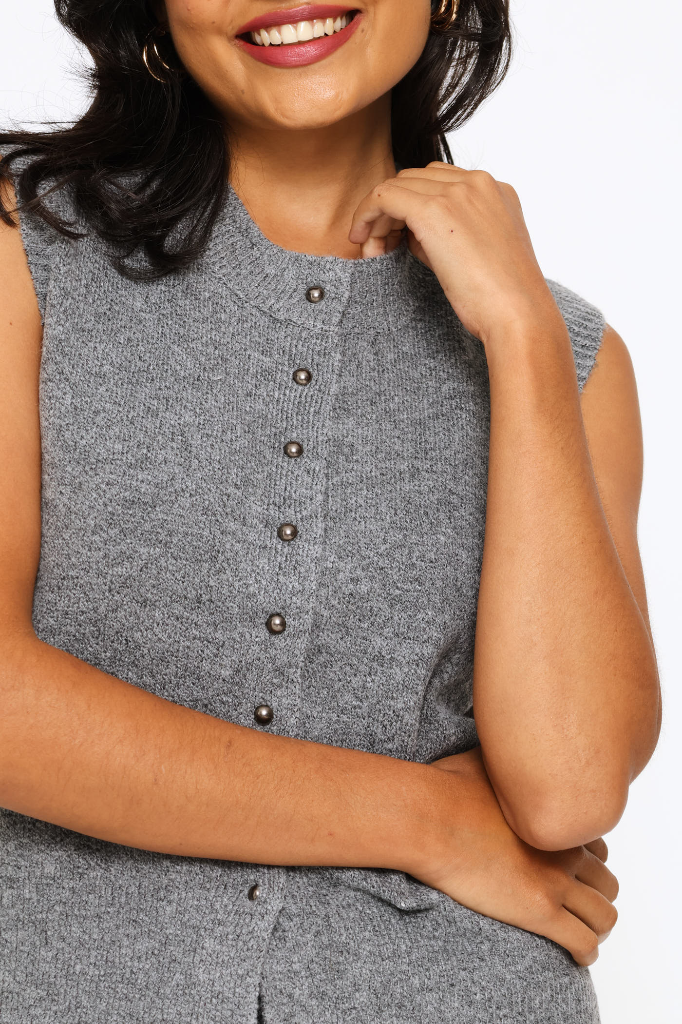 Sleeveless Button Through Vest - Charcoal Melange - Image 3