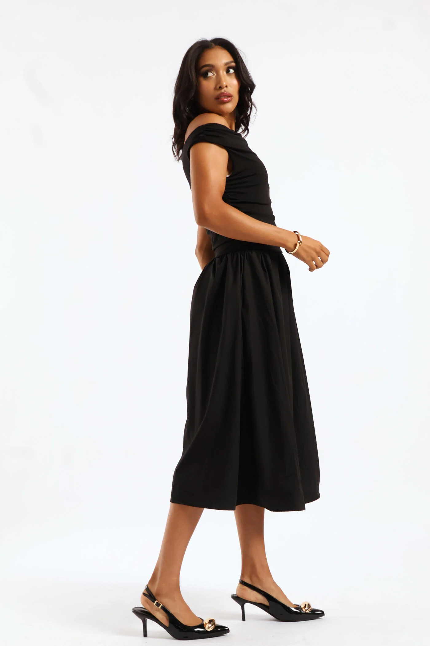 Sleeveless Cowl Neck Combo Fabric Midi Dress - Black - Image 3