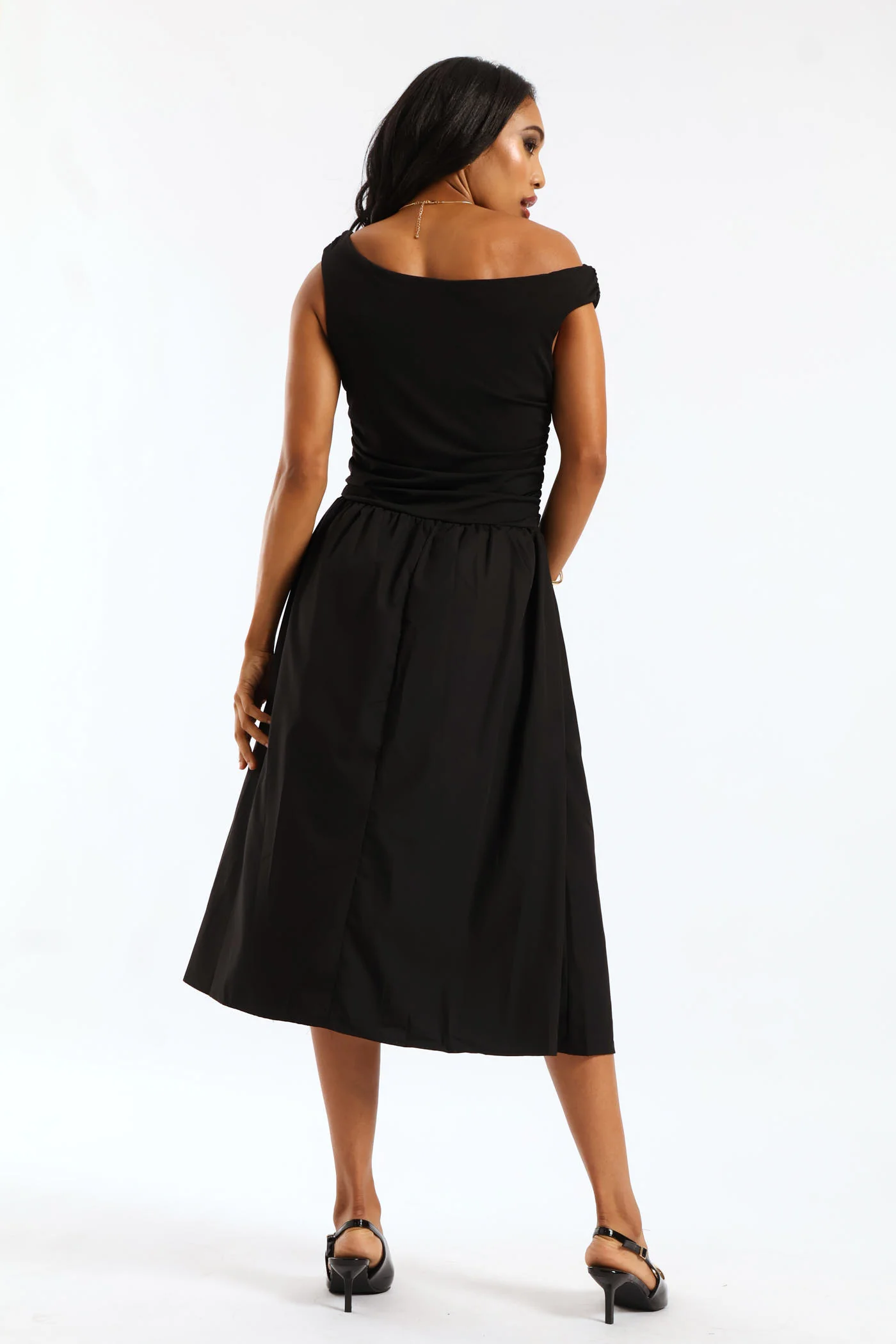 Sleeveless Cowl Neck Combo Fabric Midi Dress - Black - Image 4