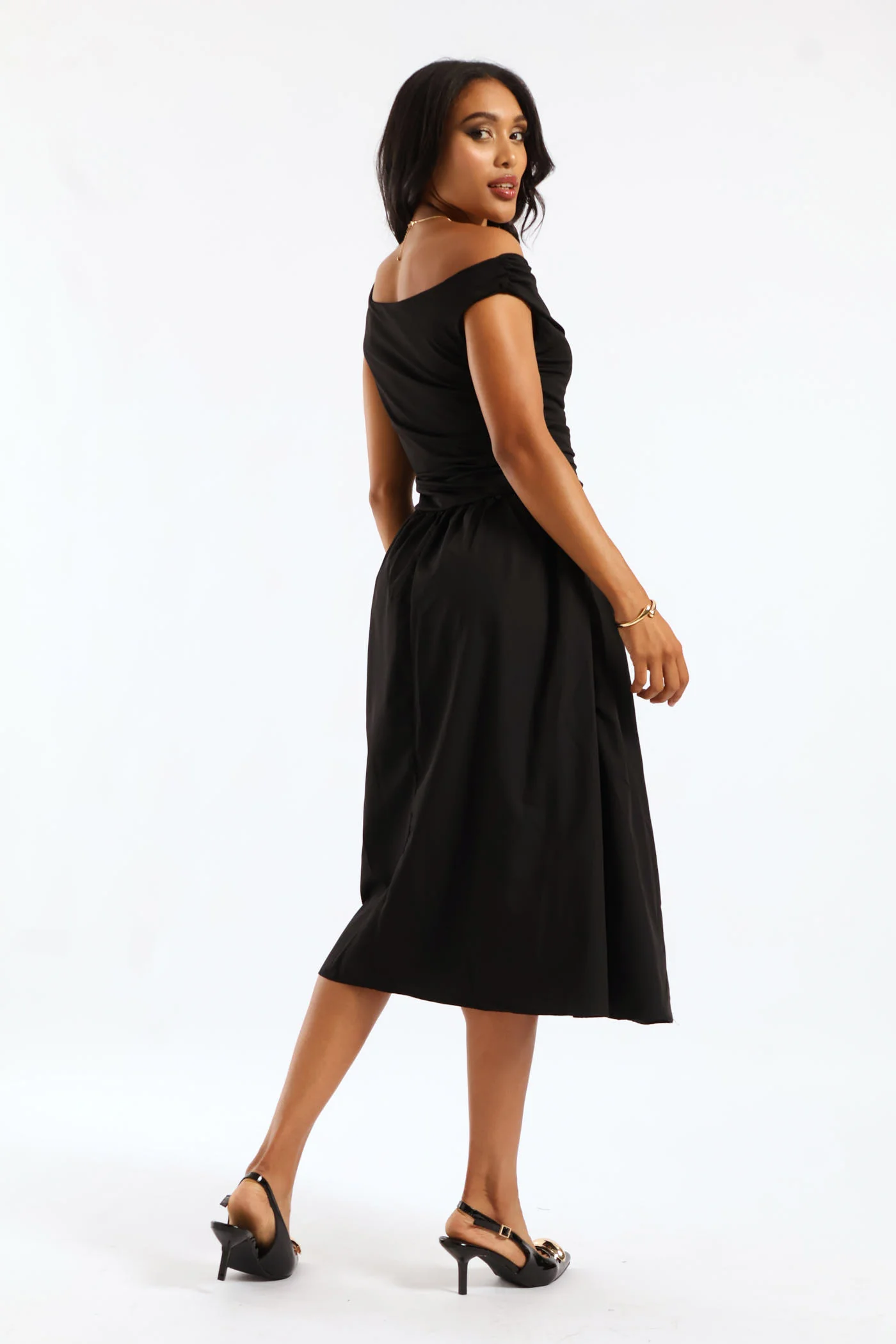 Sleeveless Cowl Neck Combo Fabric Midi Dress - Black - Image 5