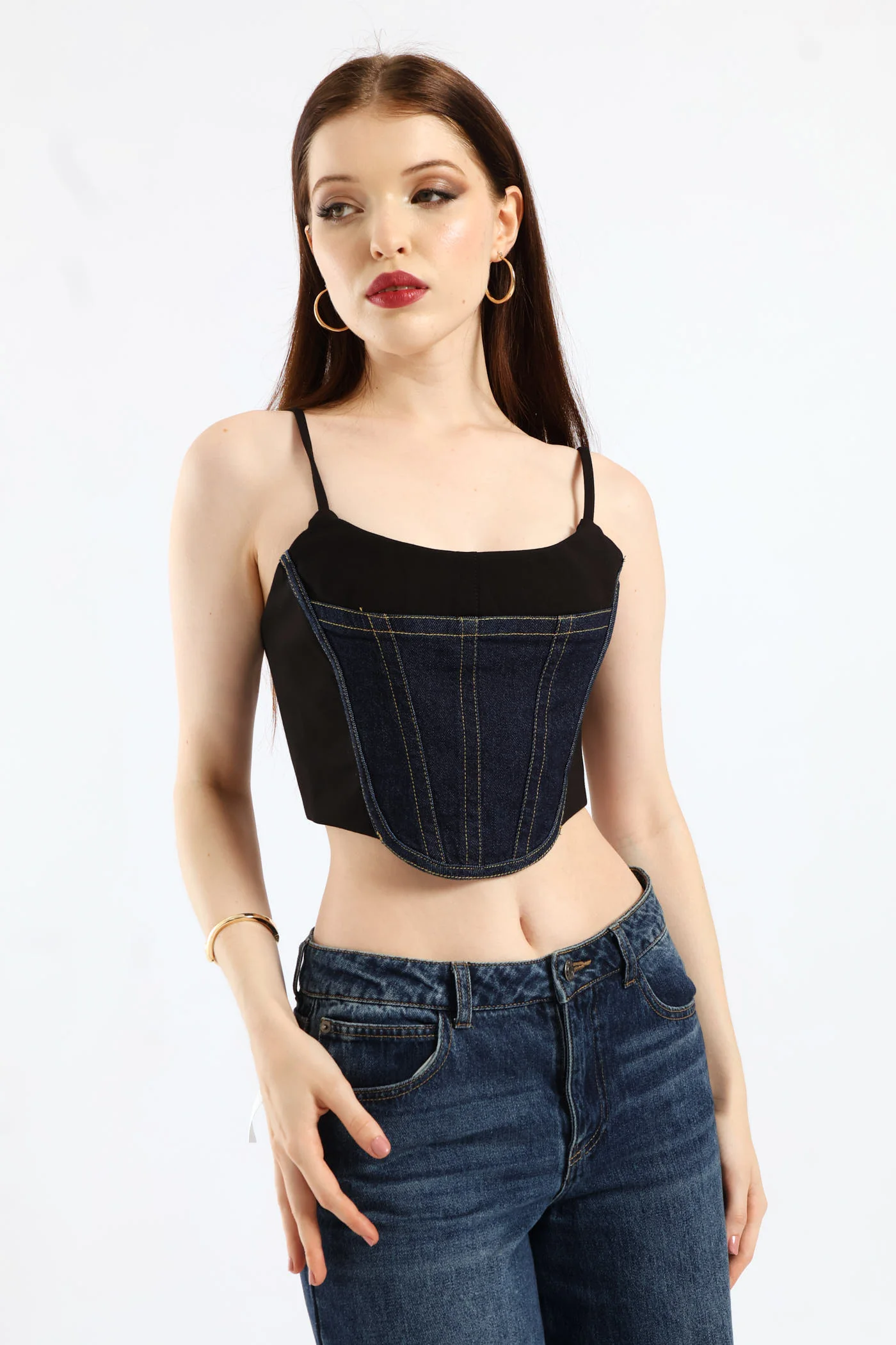 Sleeveless Cropped Woven Bustier Top - Black - Image 2