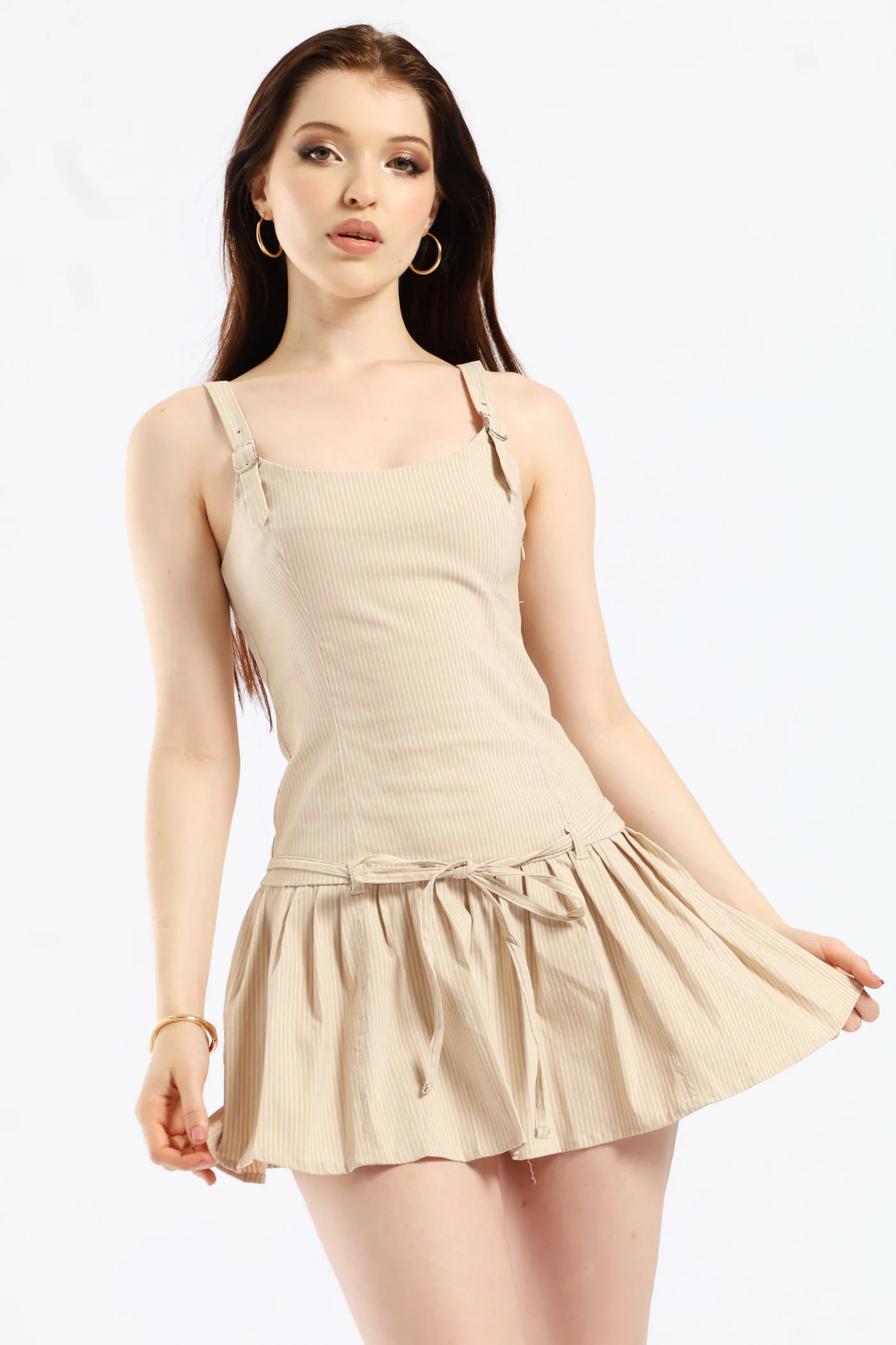 Sleeveless Drop Waist Pin Stripe Mini Dress - Taupe - Image 3