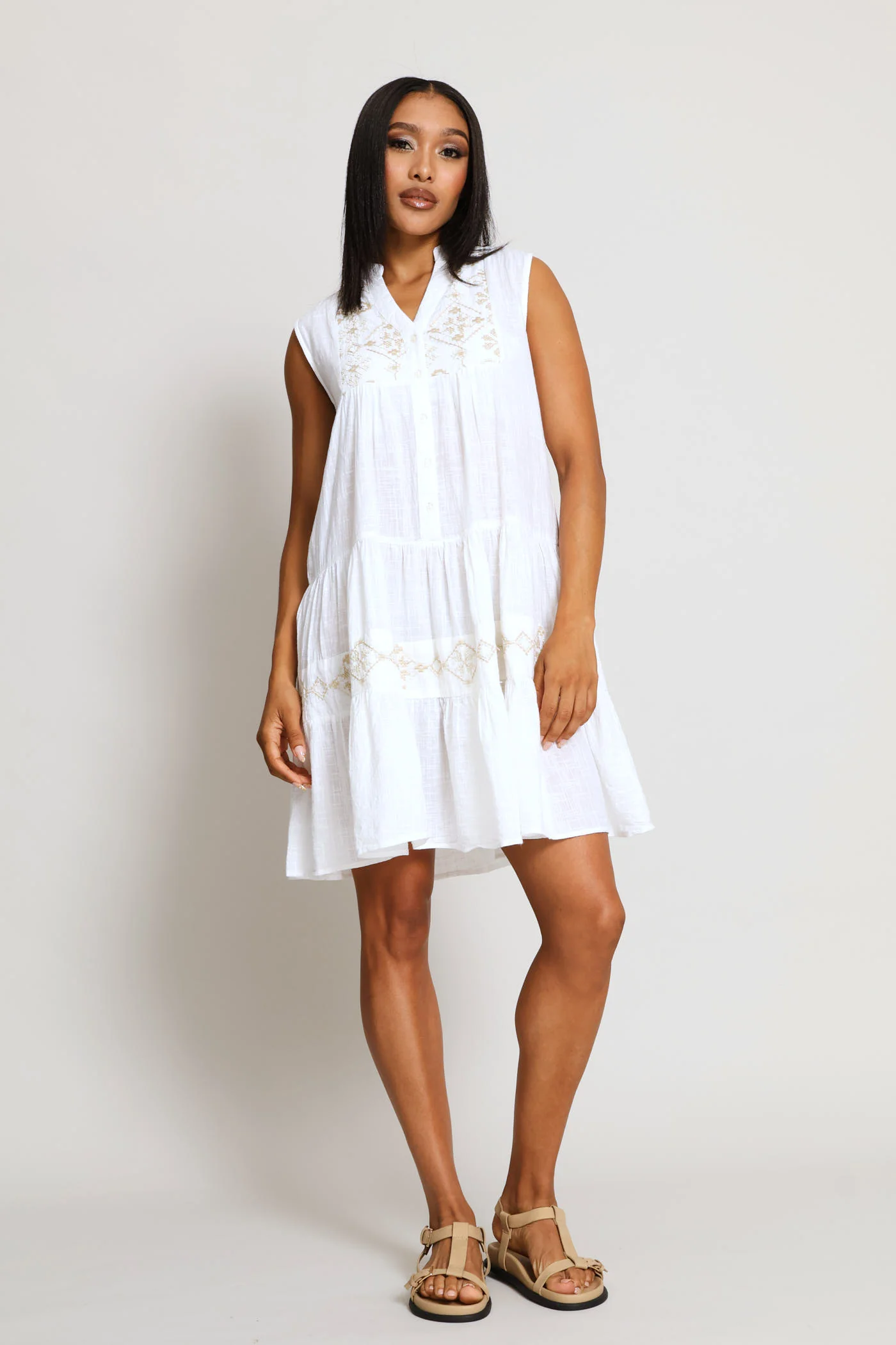 Sleeveless Key Hole Tiered A-Line Midi Dress - Off White - Image 5