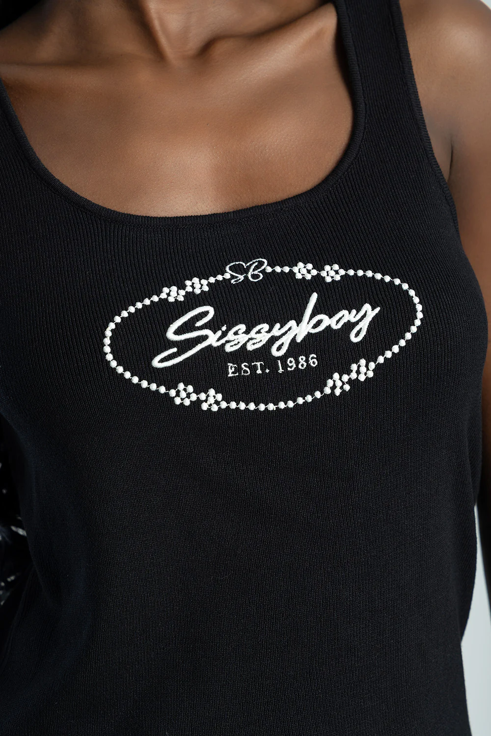 Sleeveless Knit Top With Embroidered Logo Design - Black - Image 3