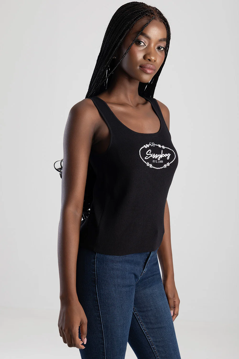 Sleeveless Knit Top With Embroidered Logo Design - Black - Image 5