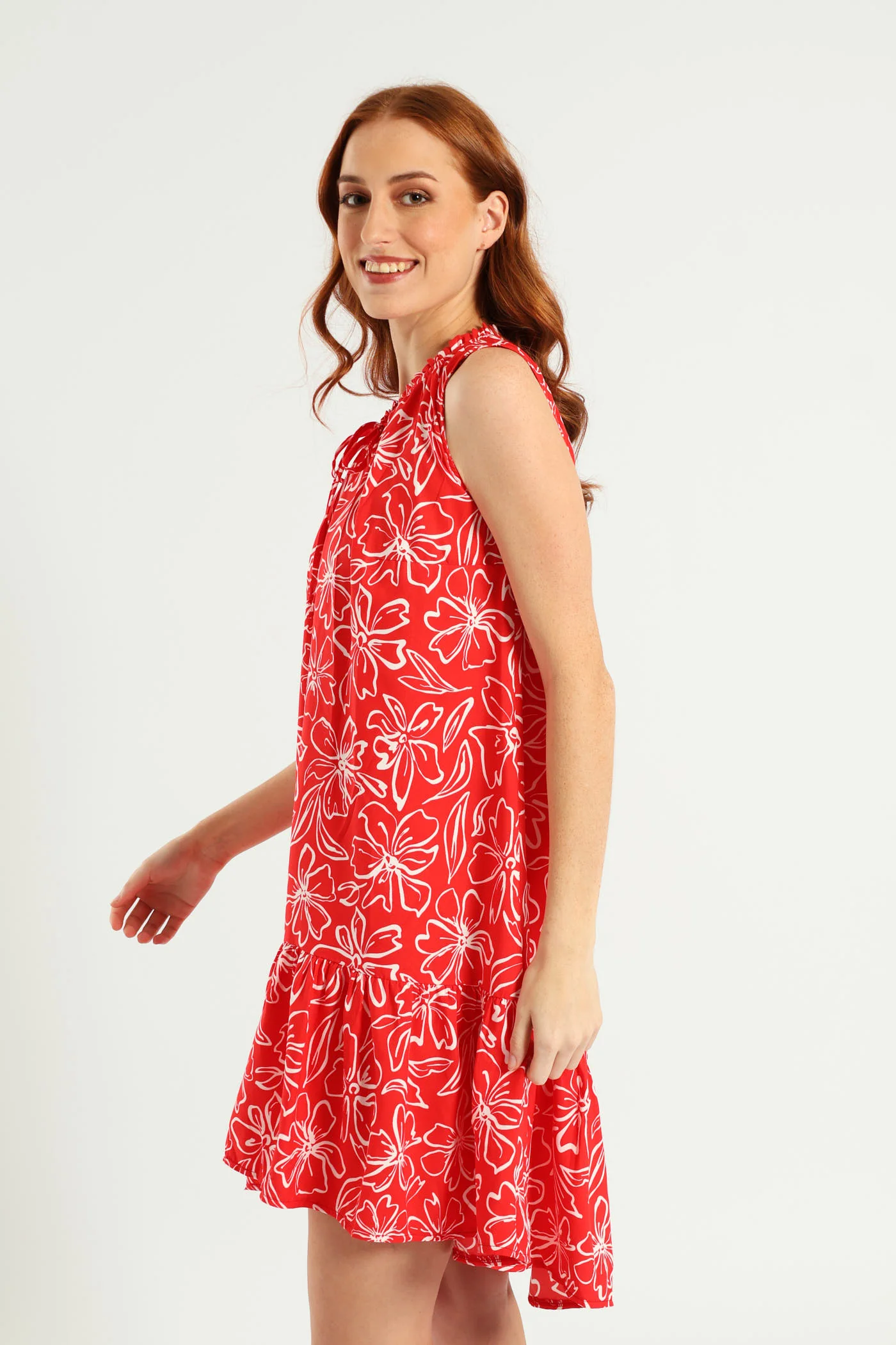 Sleeveless Printed Frill Neck Drop Hem Dress - White/Red - Image 2