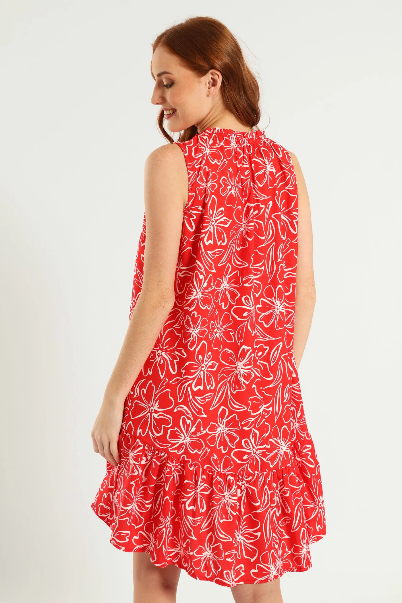 Sleeveless Printed Frill Neck Drop Hem Dress - White/Red - Image 3