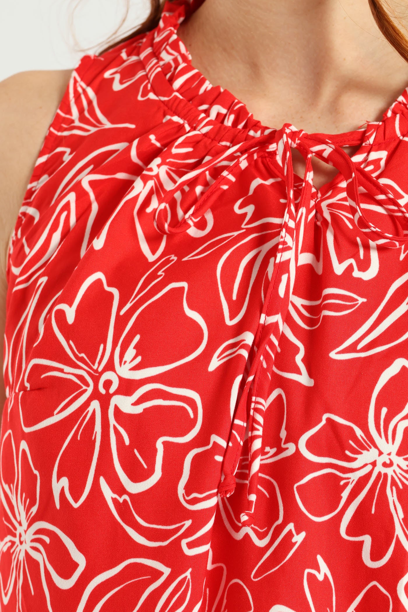 Sleeveless Printed Frill Neck Drop Hem Dress - White/Red - Image 4