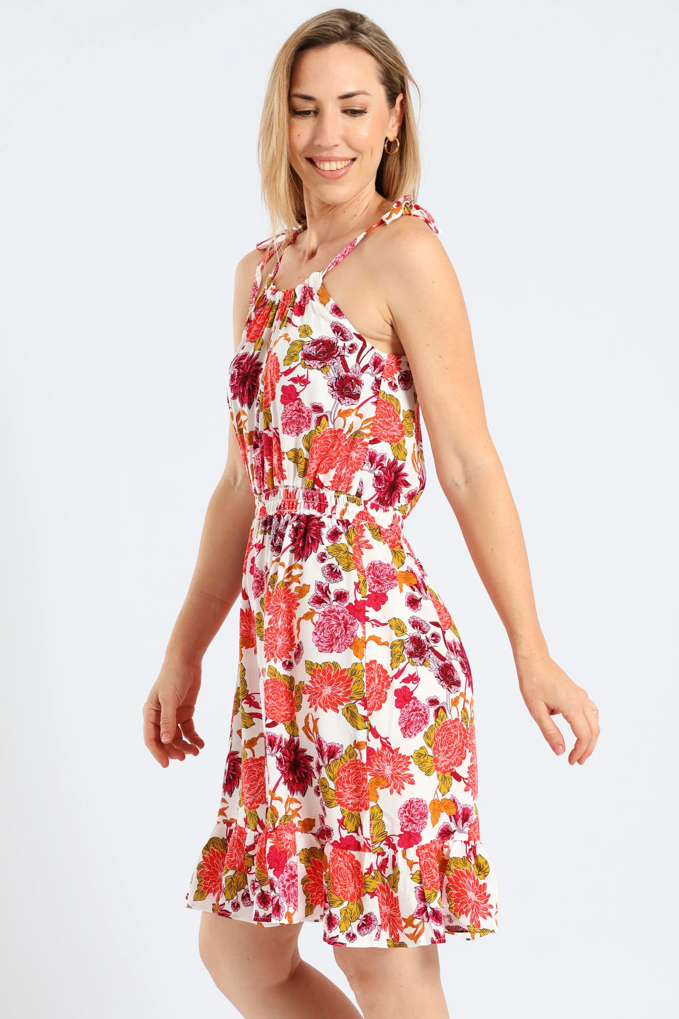 Sleeveless Strappy Shirred Waist Printed Mini Dress - White - Image 2