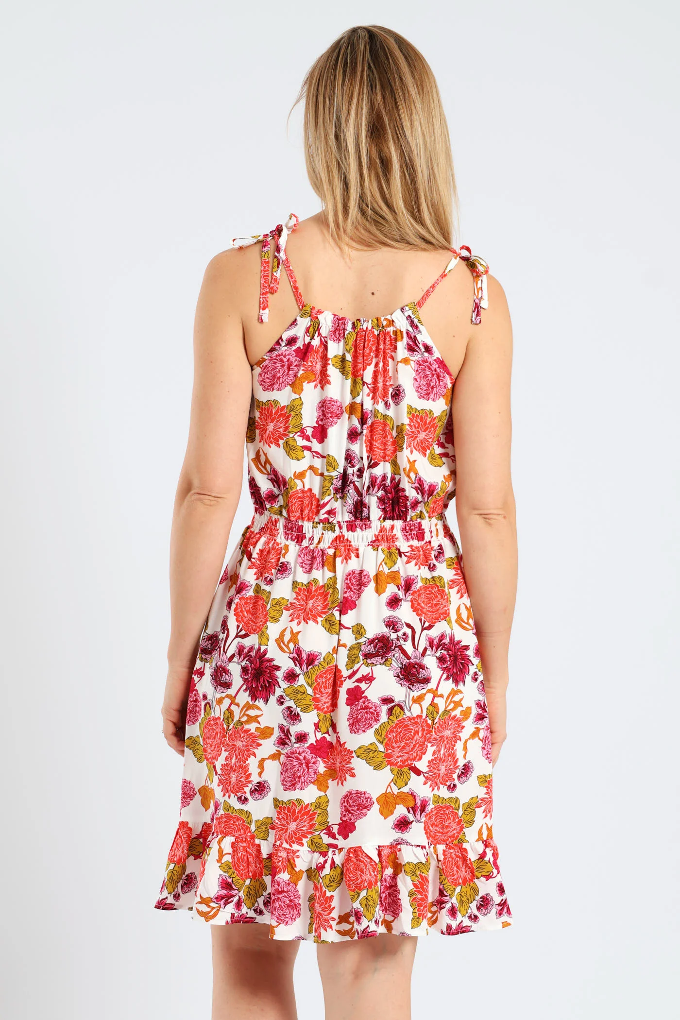 Sleeveless Strappy Shirred Waist Printed Mini Dress - White - Image 3