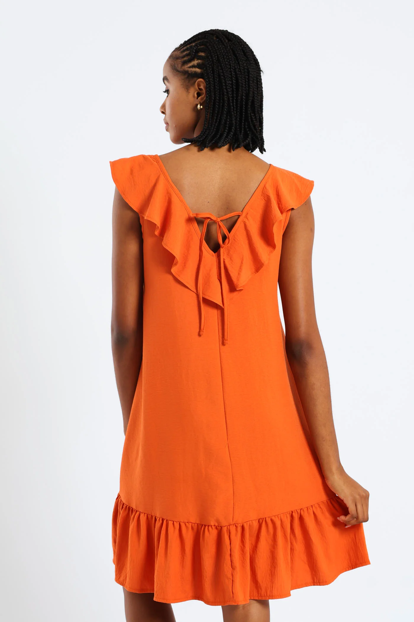 Sleeveless V-Neck Frill Mini Hem Dress - Burnt Orange - Image 2