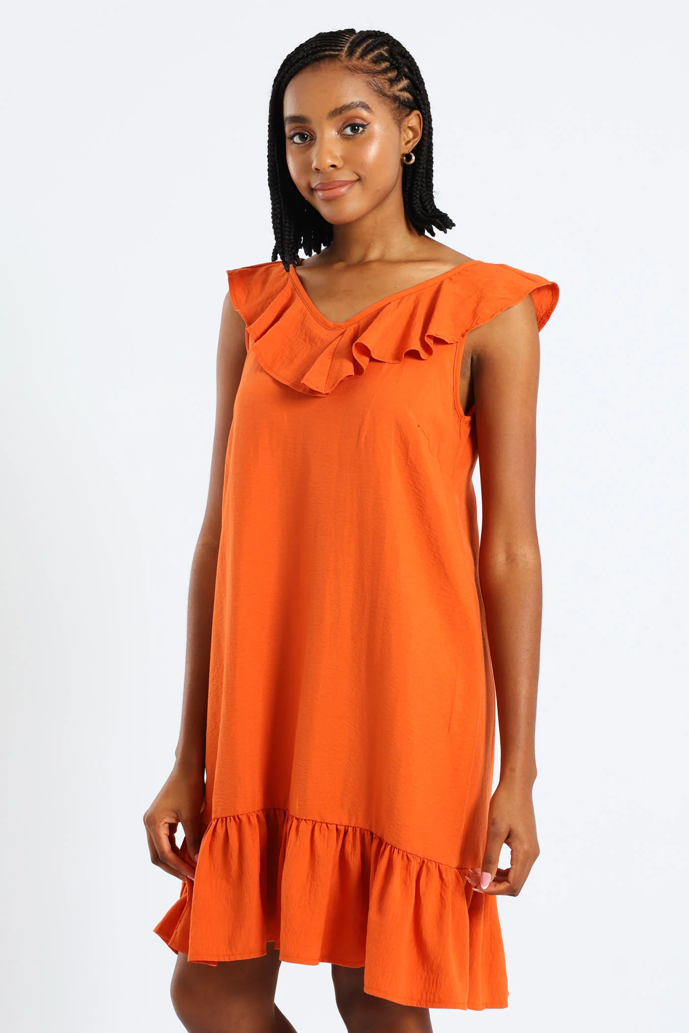 Sleeveless V-Neck Frill Mini Hem Dress - Burnt Orange - Image 3