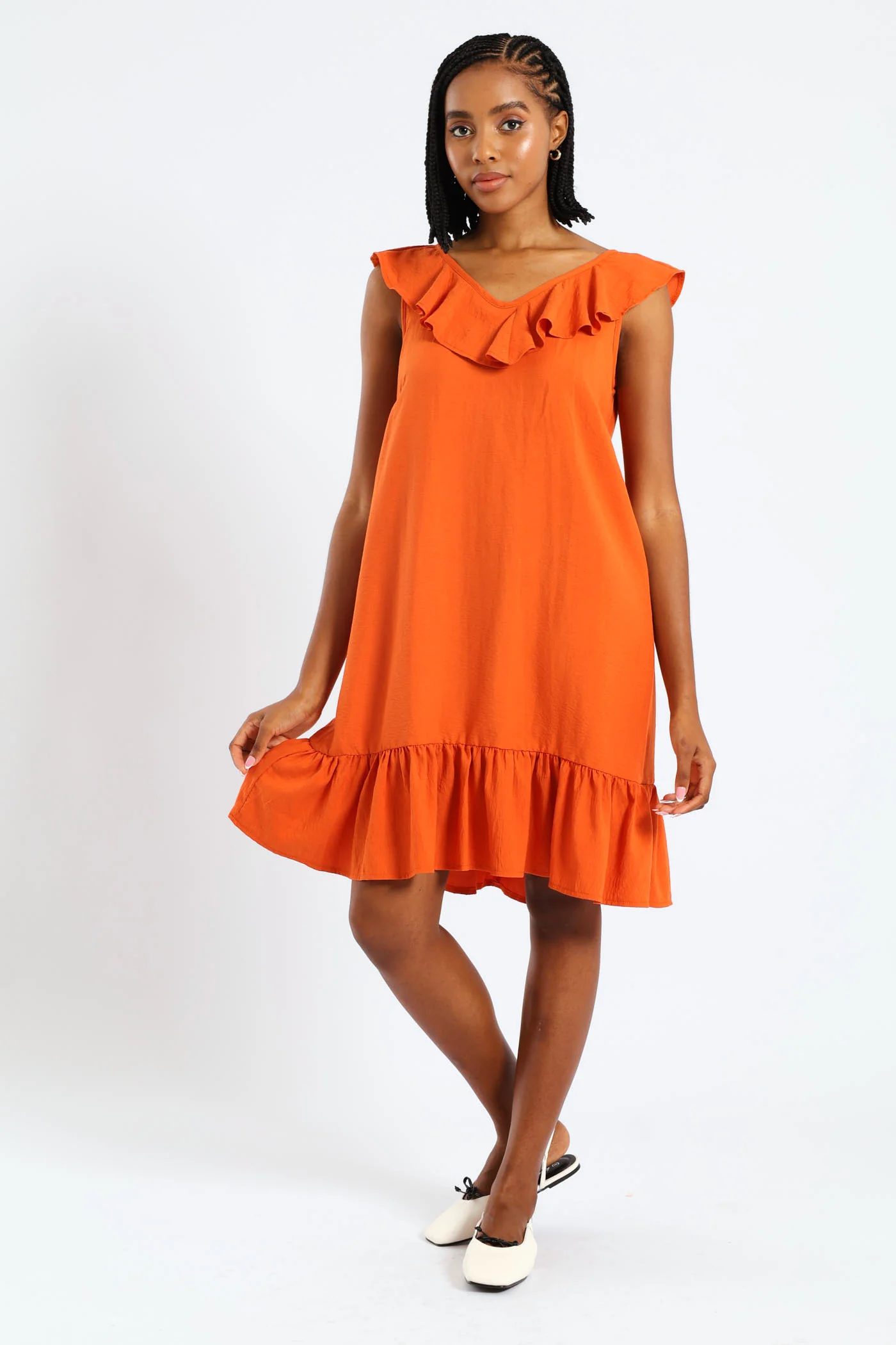 Sleeveless V-Neck Frill Mini Hem Dress - Burnt Orange - Image 4