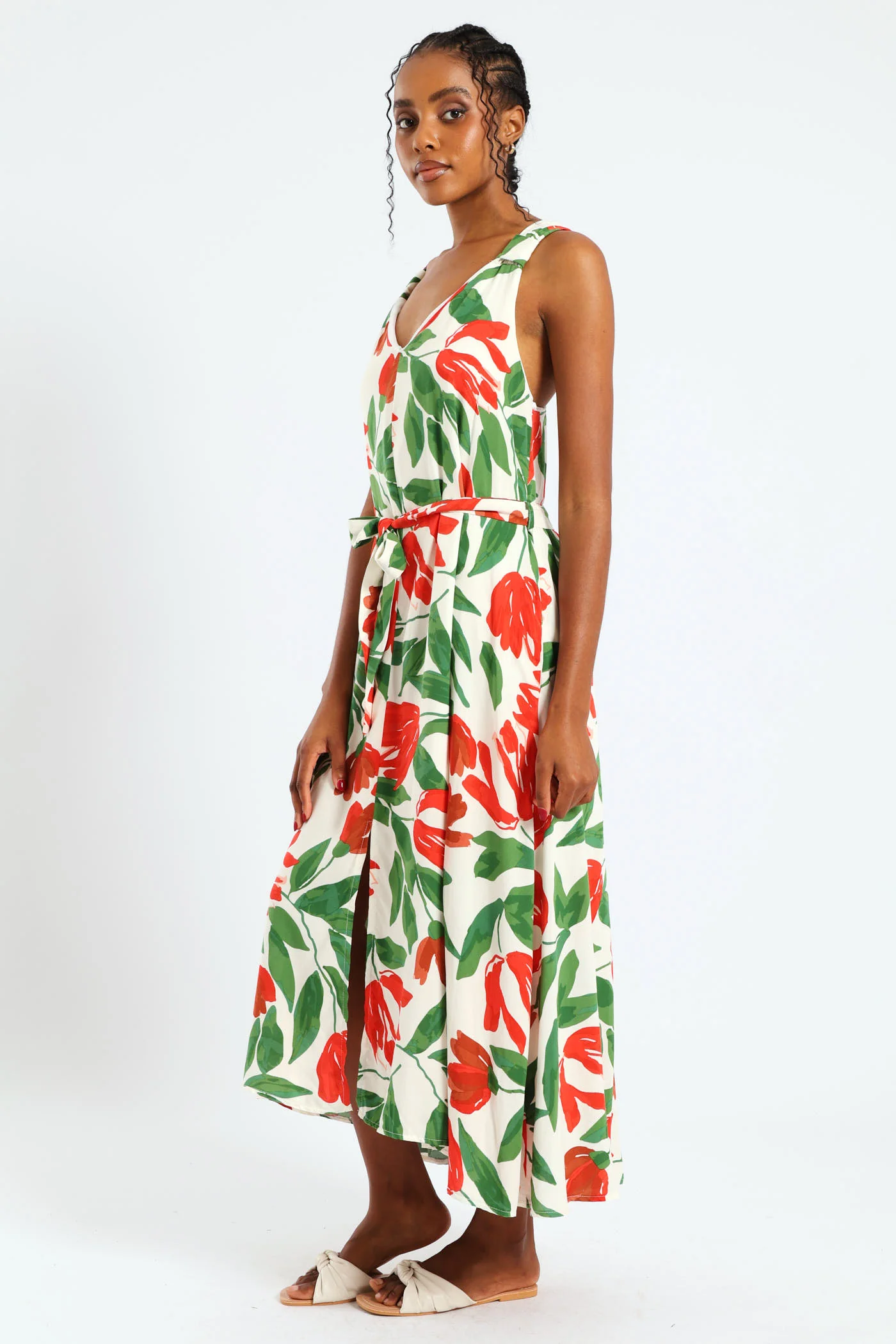 Sleeveless Wide Strap V-Neck Trapeze Midi Dress - Multi - Image 2