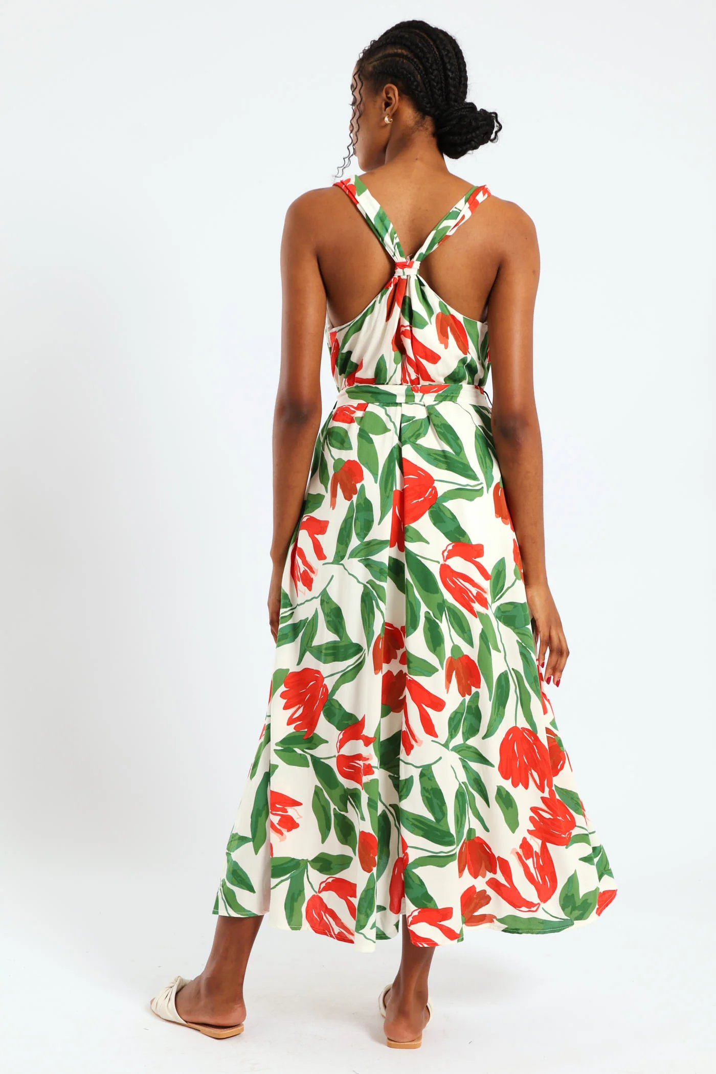 Sleeveless Wide Strap V-Neck Trapeze Midi Dress - Multi - Image 3