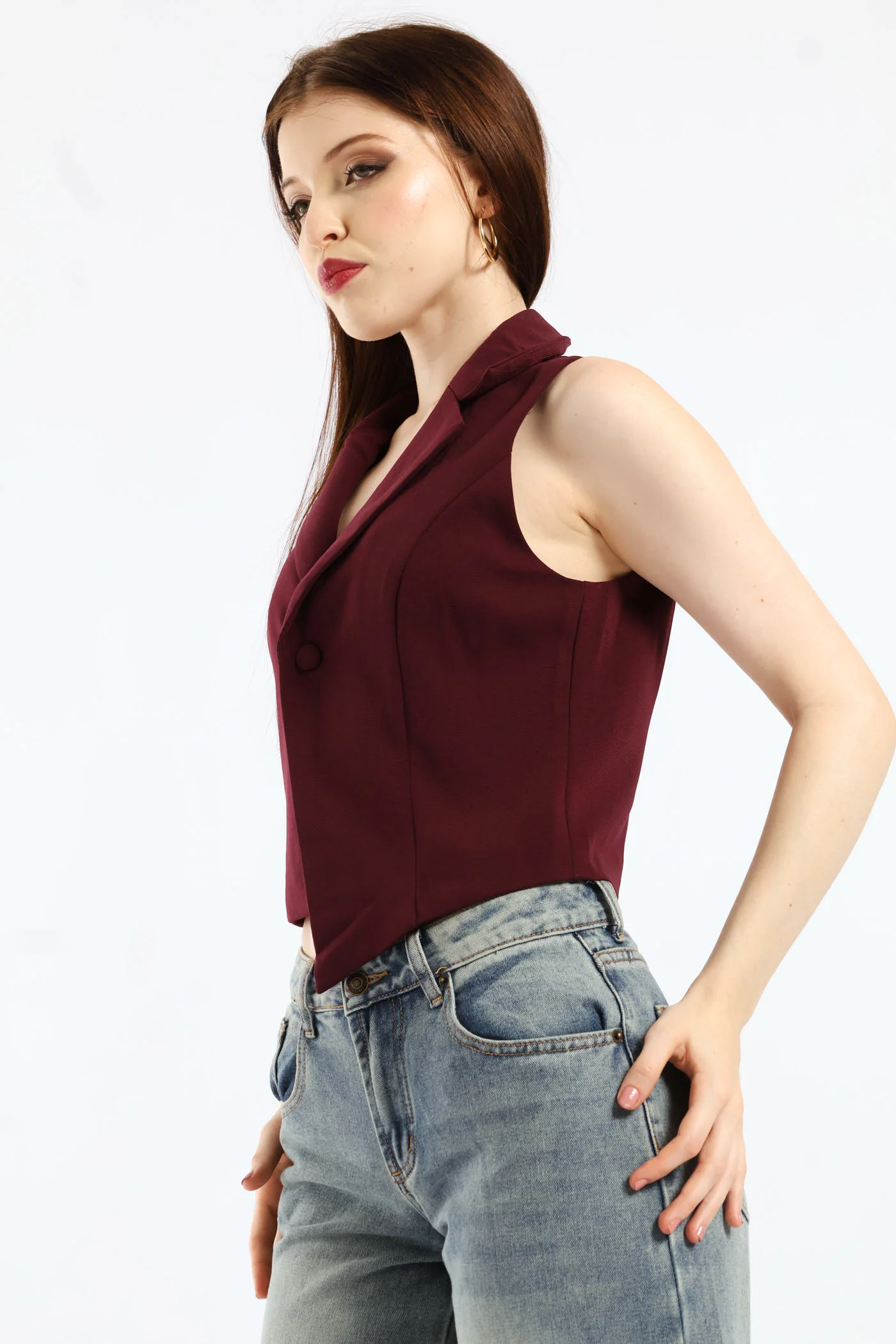 Sleeveless Woven Crop Top - Wine - Image 2