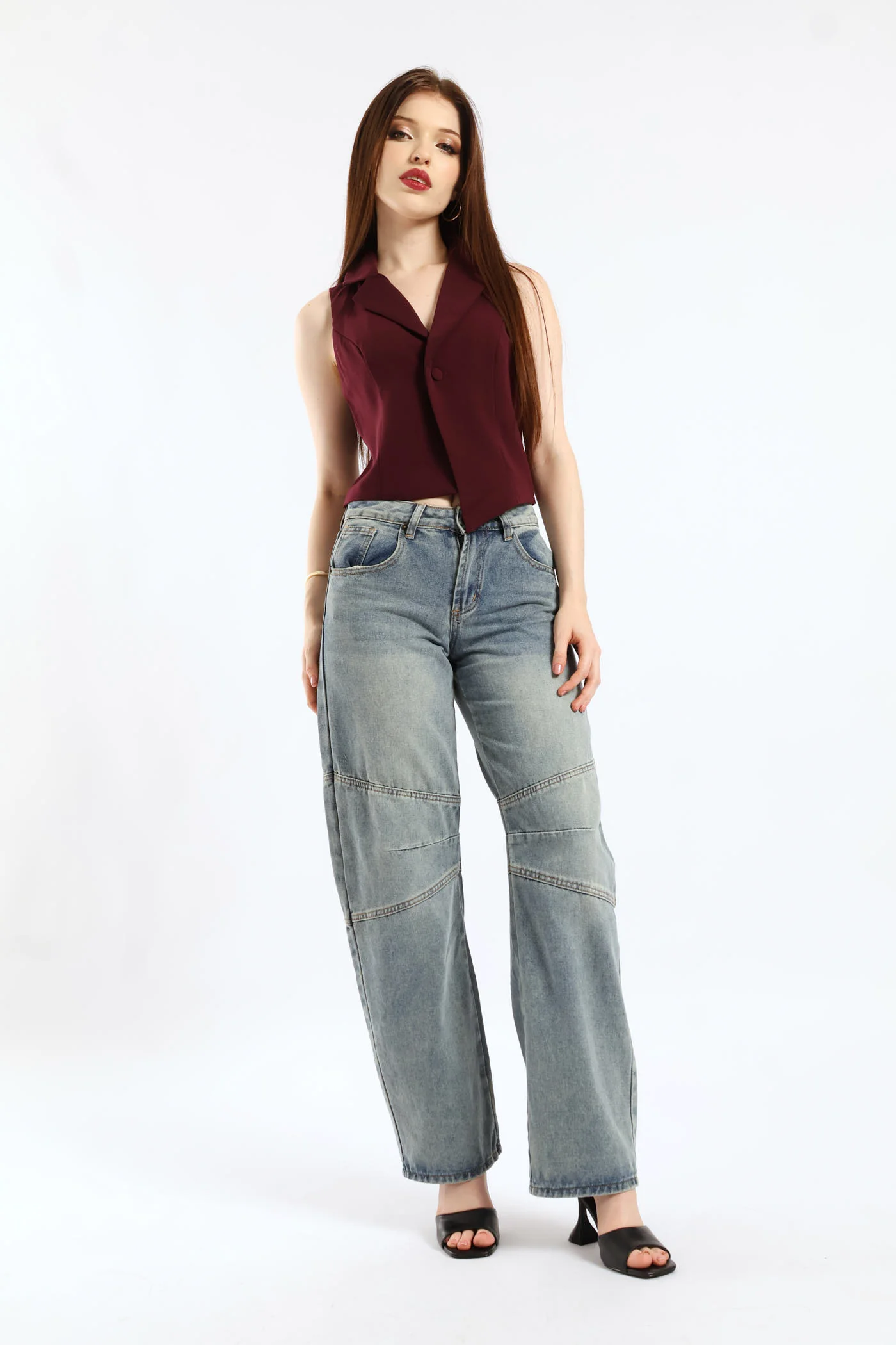 Sleeveless Woven Crop Top - Wine - Image 5