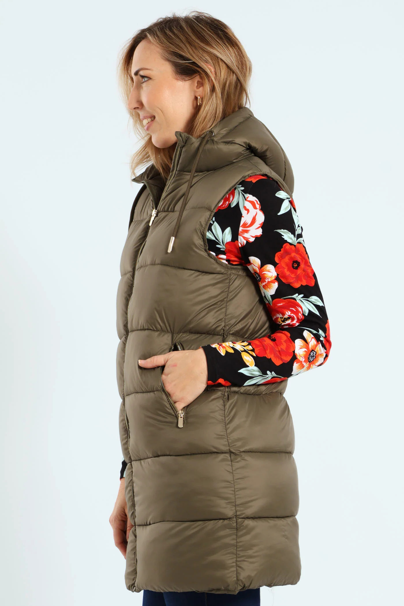 Sleeveless Zip Detail Puffer Gilet - Dark Sage - Image 3
