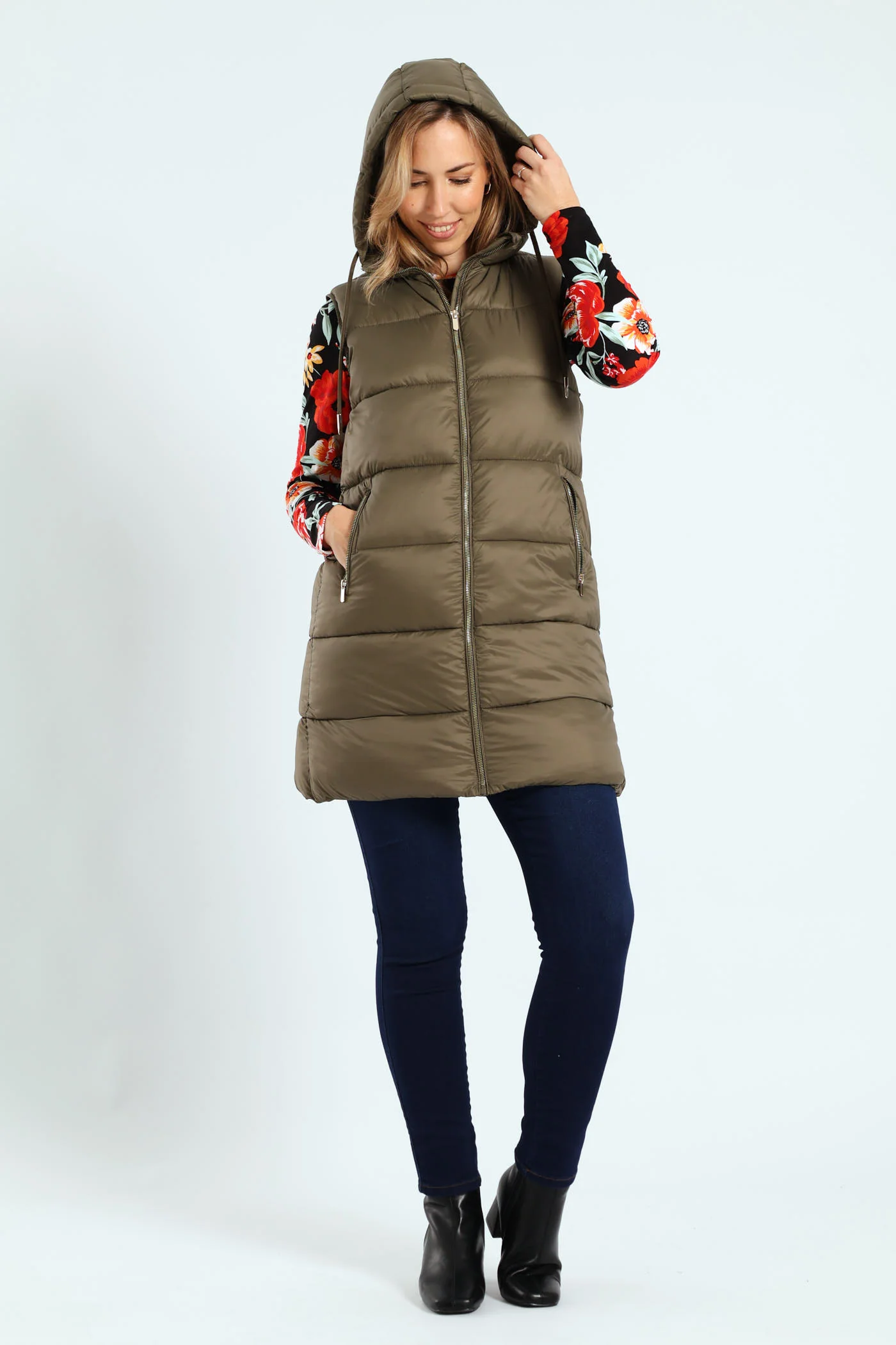 Sleeveless Zip Detail Puffer Gilet - Dark Sage - Image 5