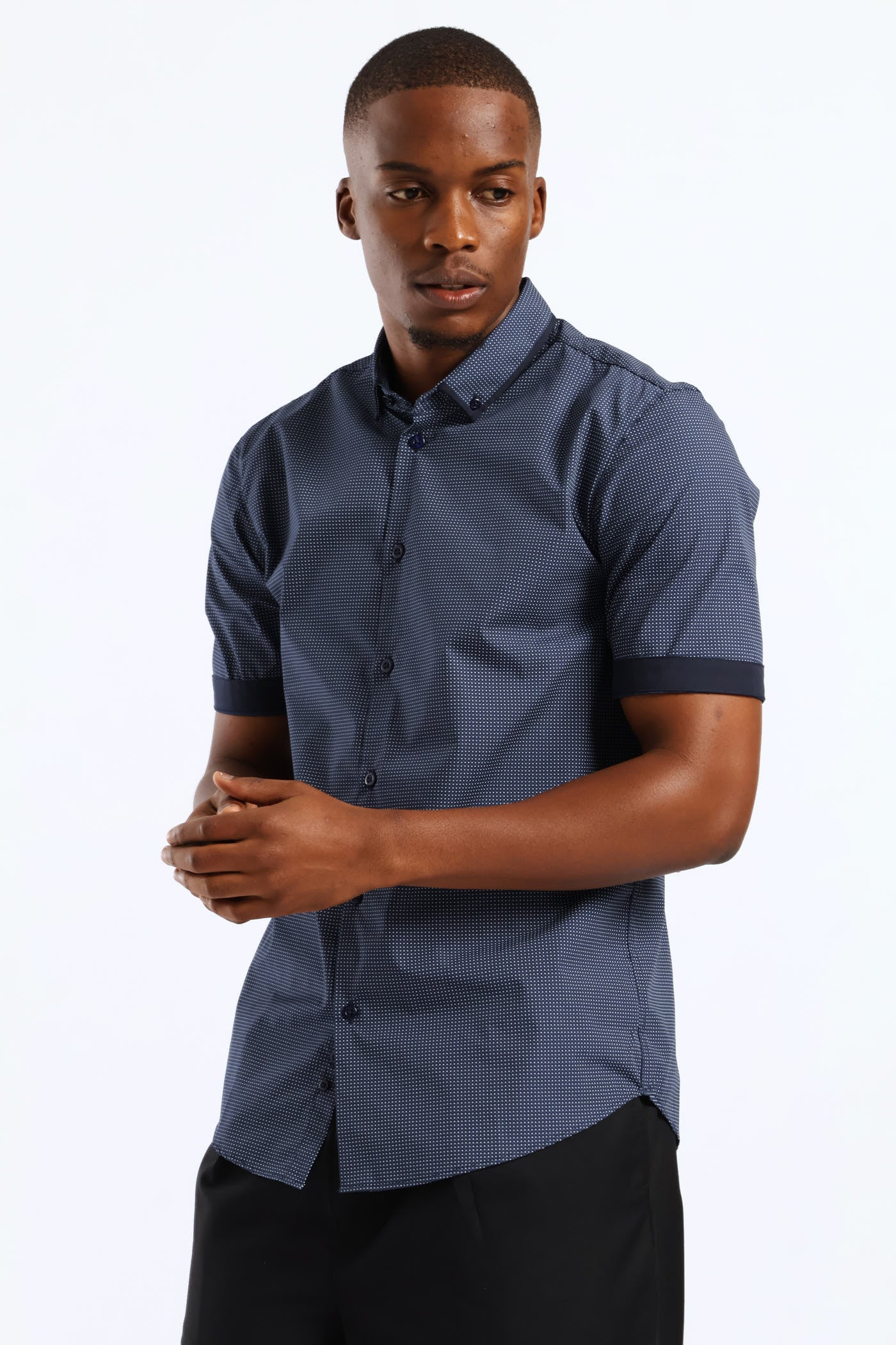 Slim Contrast Detail Spot Print Shirt - Navy - Image 3