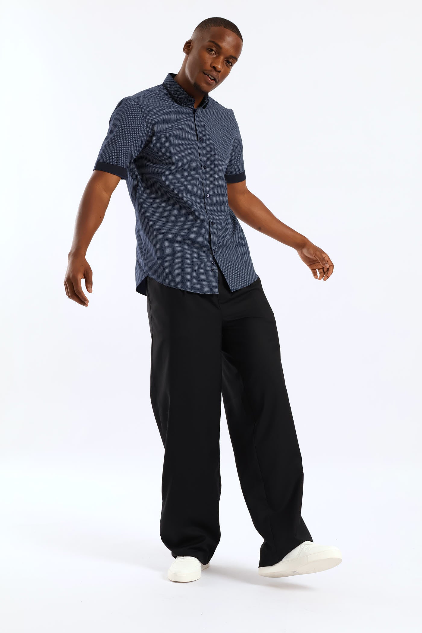 Slim Contrast Detail Spot Print Shirt - Navy - Image 5
