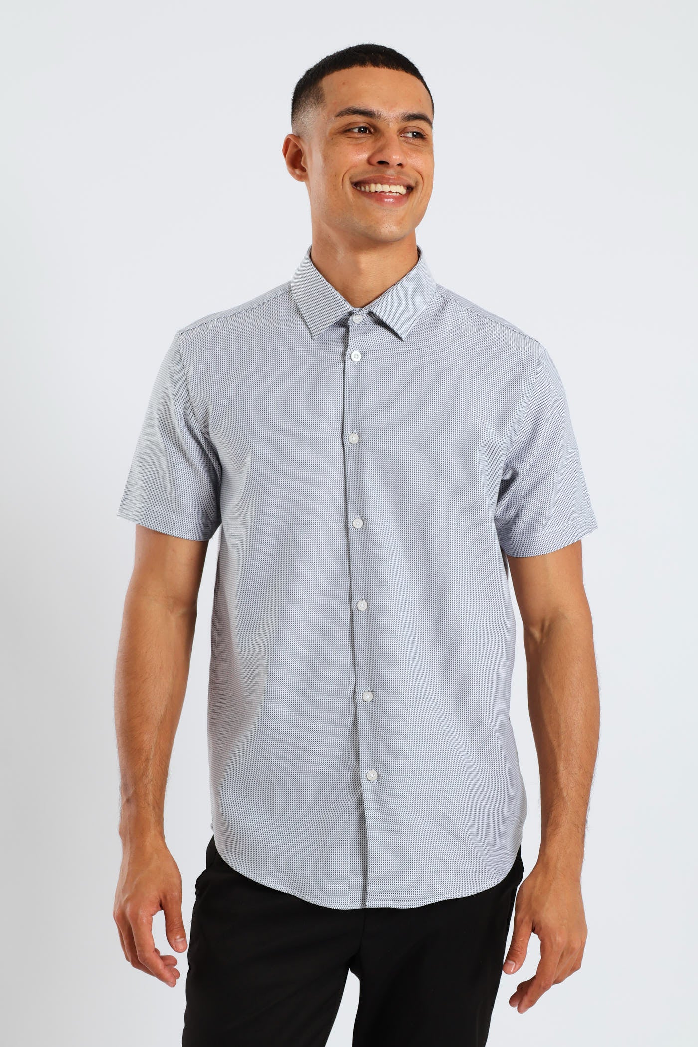 Slim Diagonal Stripe Gradient Textured Short Sleeve Shirt - Black/White - Image 2