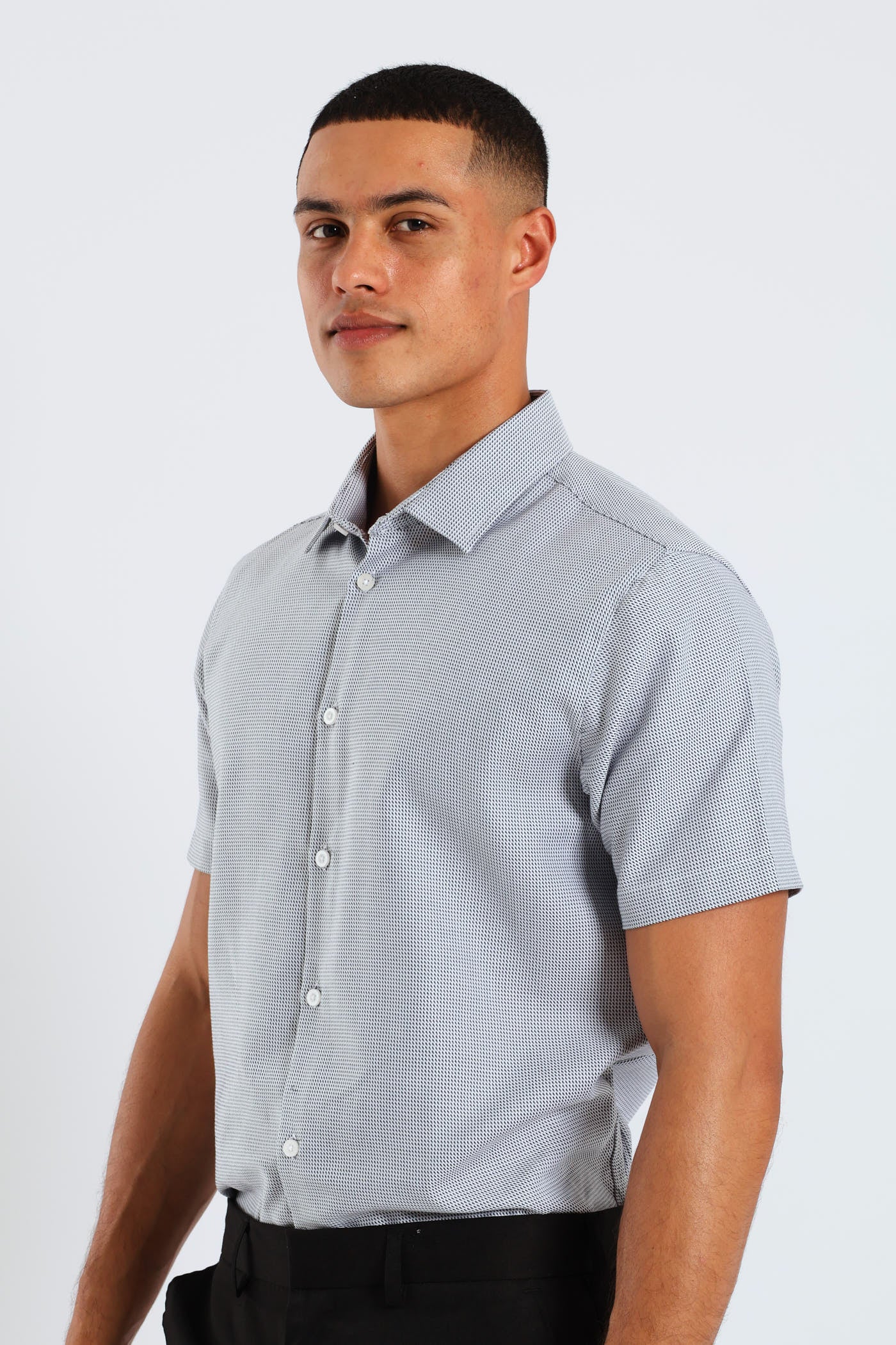 Slim Diagonal Stripe Gradient Textured Short Sleeve Shirt - Black/White - Image 3
