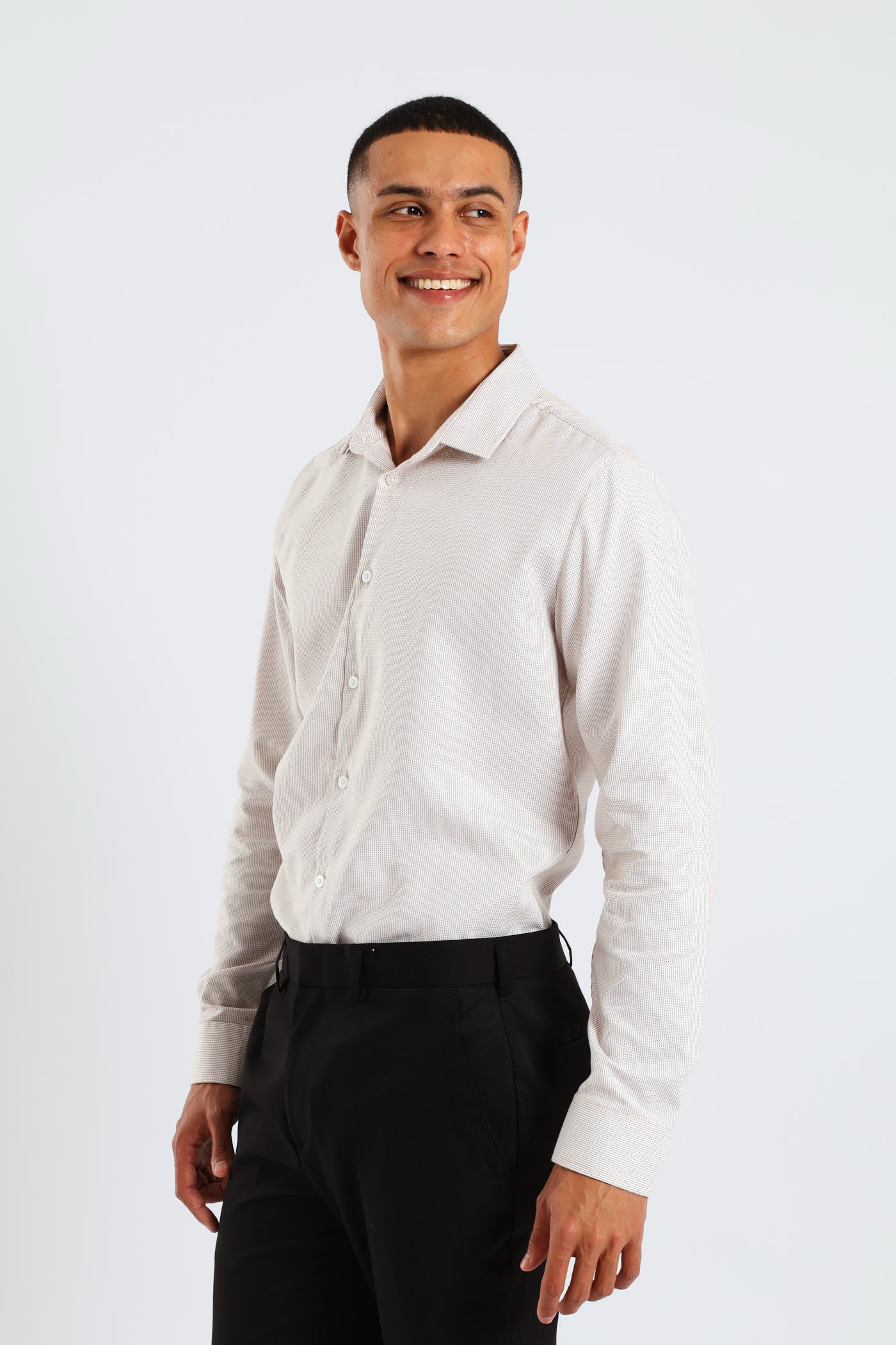 Slim Diagonal Stripe Textured Shirt - White/Beige - Image 3