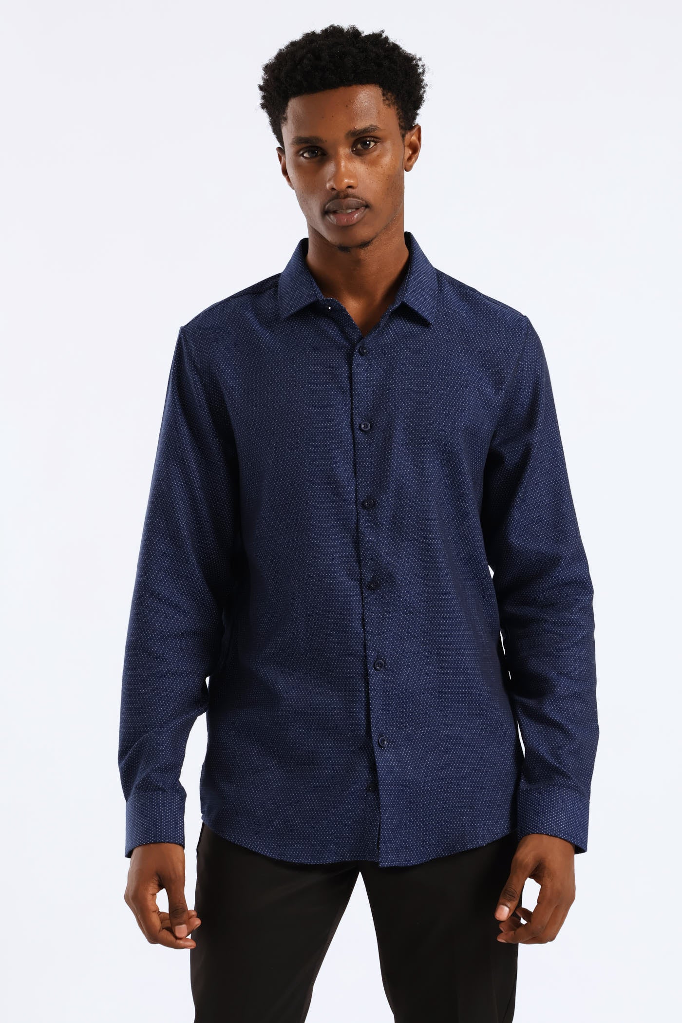 Slim Diamond Spot Textured Shirt - Navy - Image 4