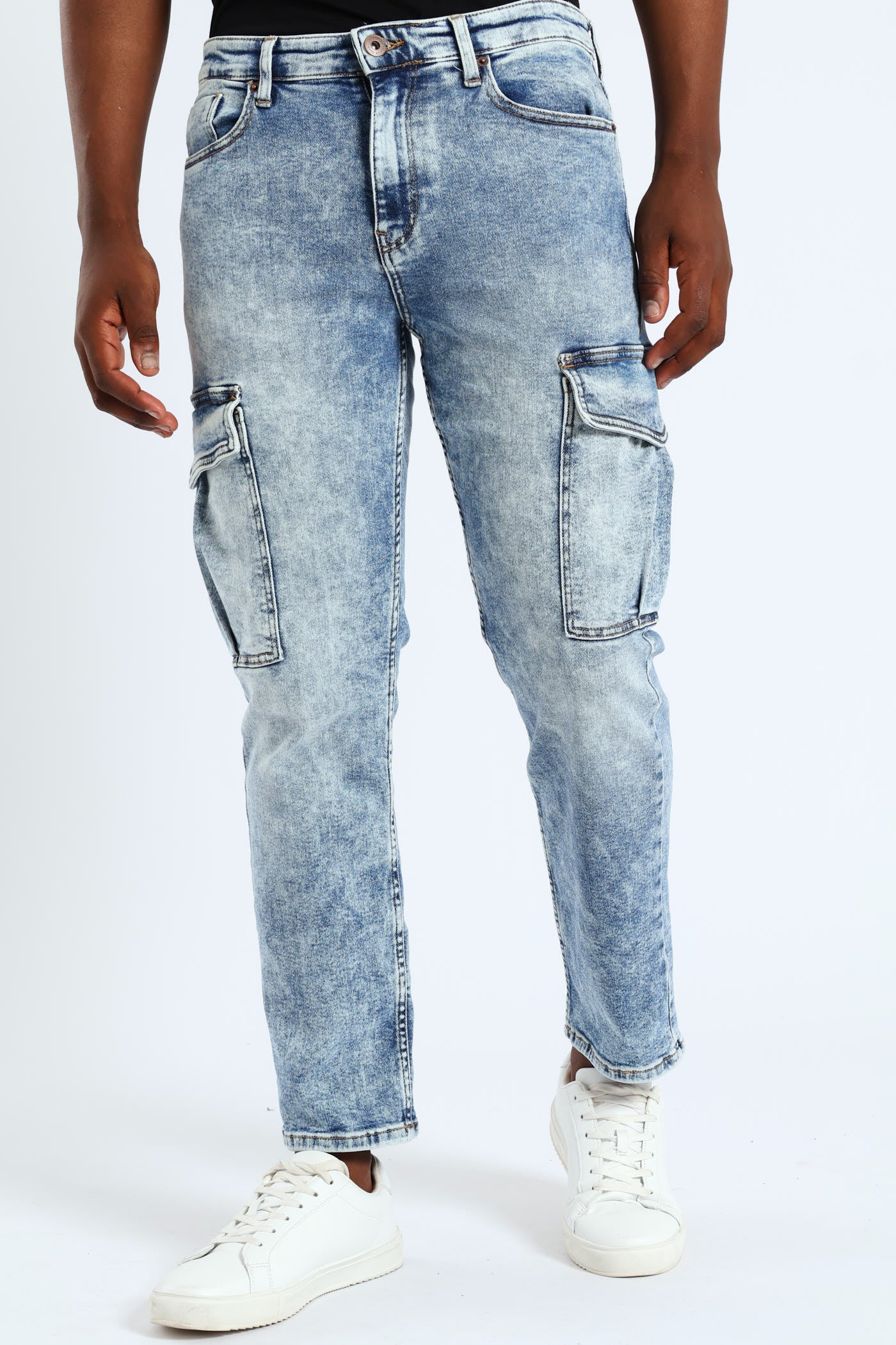 Slim Fit Cargo Stretch Denim - Mid Blue - Image 3