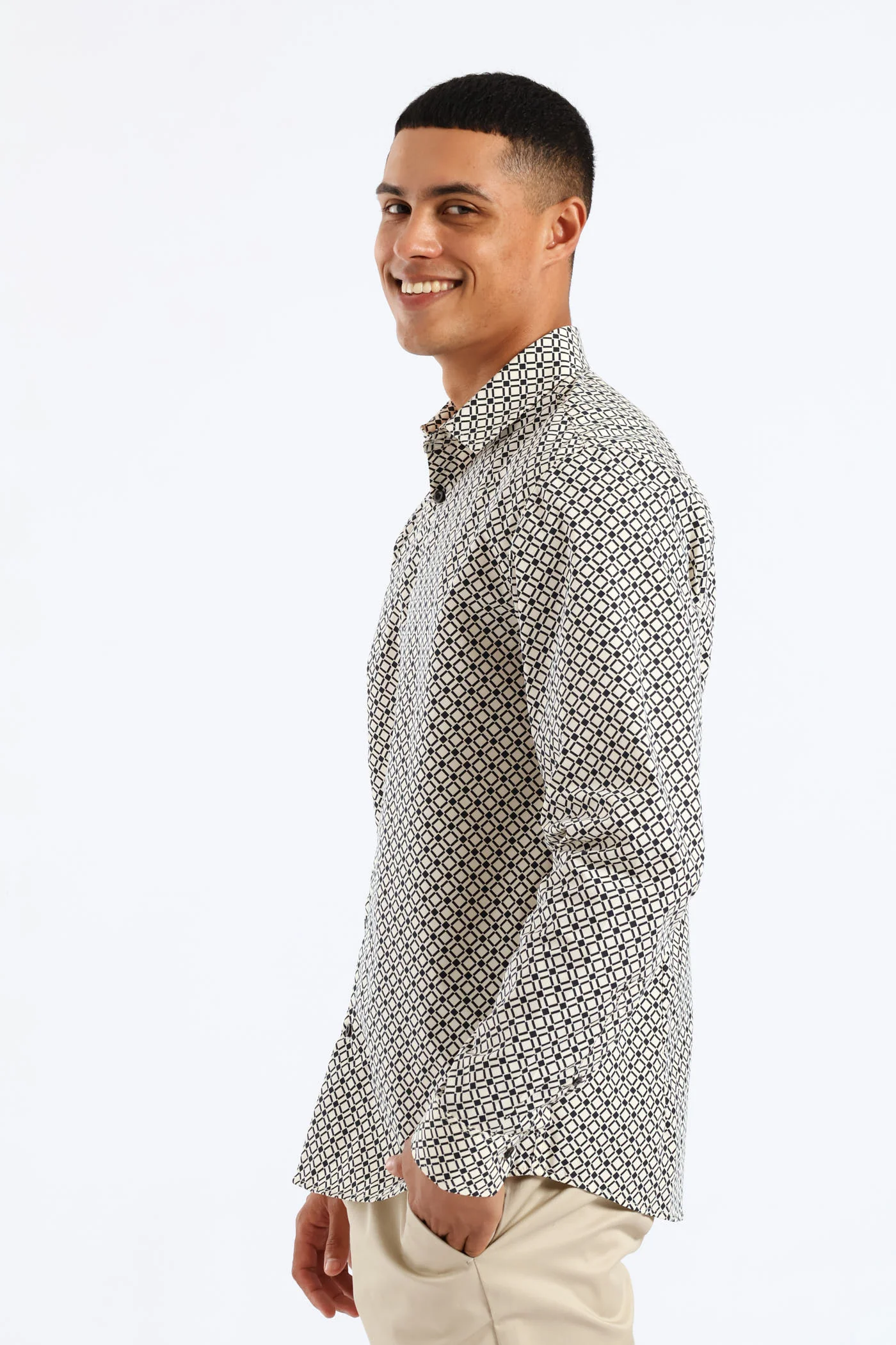 Slim Geometric Square Printed Long Sleeve Shirt - Black/Beige - Image 3