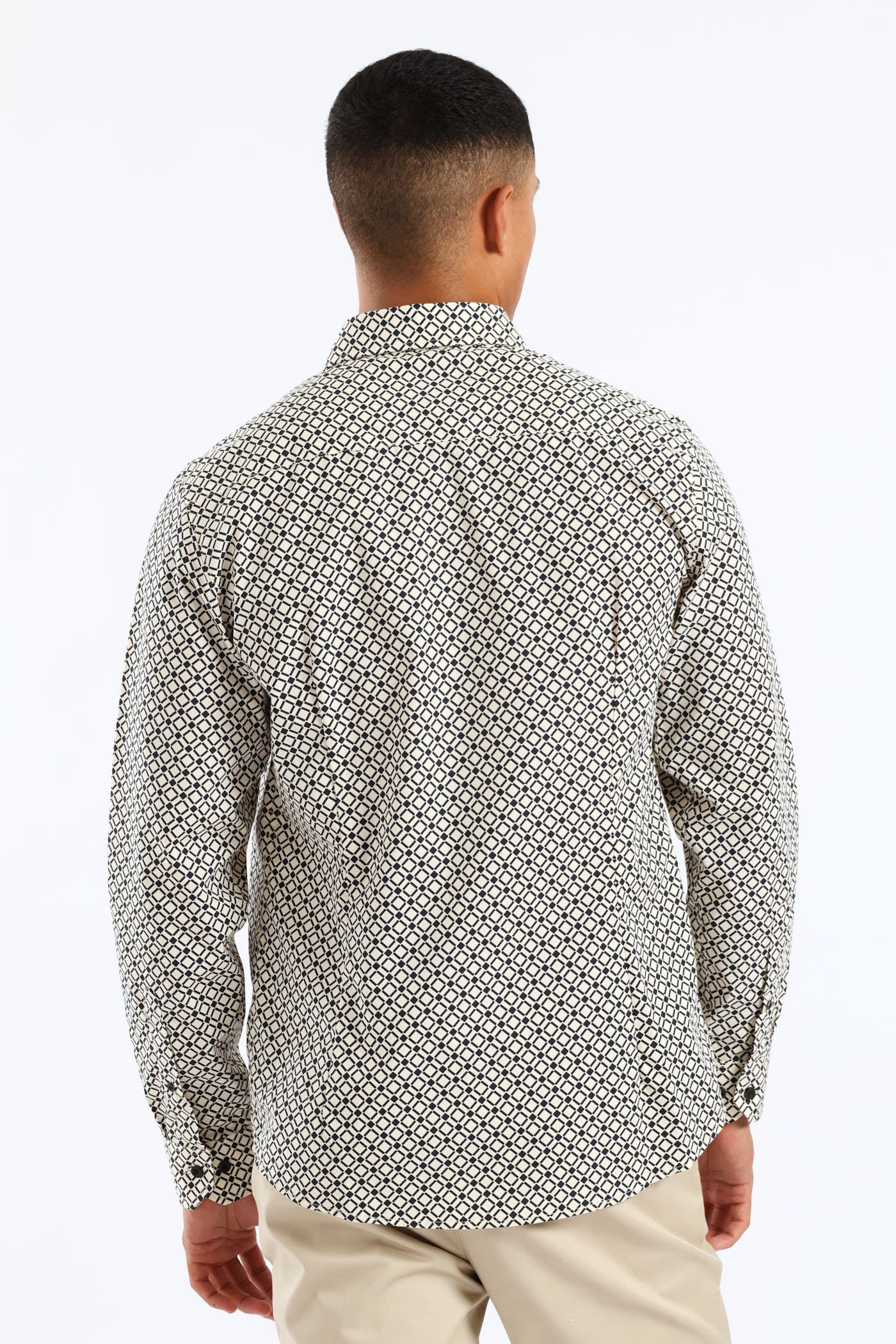 Slim Geometric Square Printed Long Sleeve Shirt - Black/Beige - Image 4