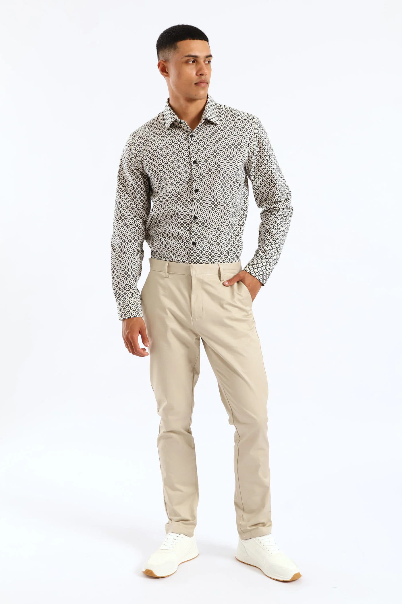 Slim Geometric Square Printed Long Sleeve Shirt - Black/Beige - Image 5