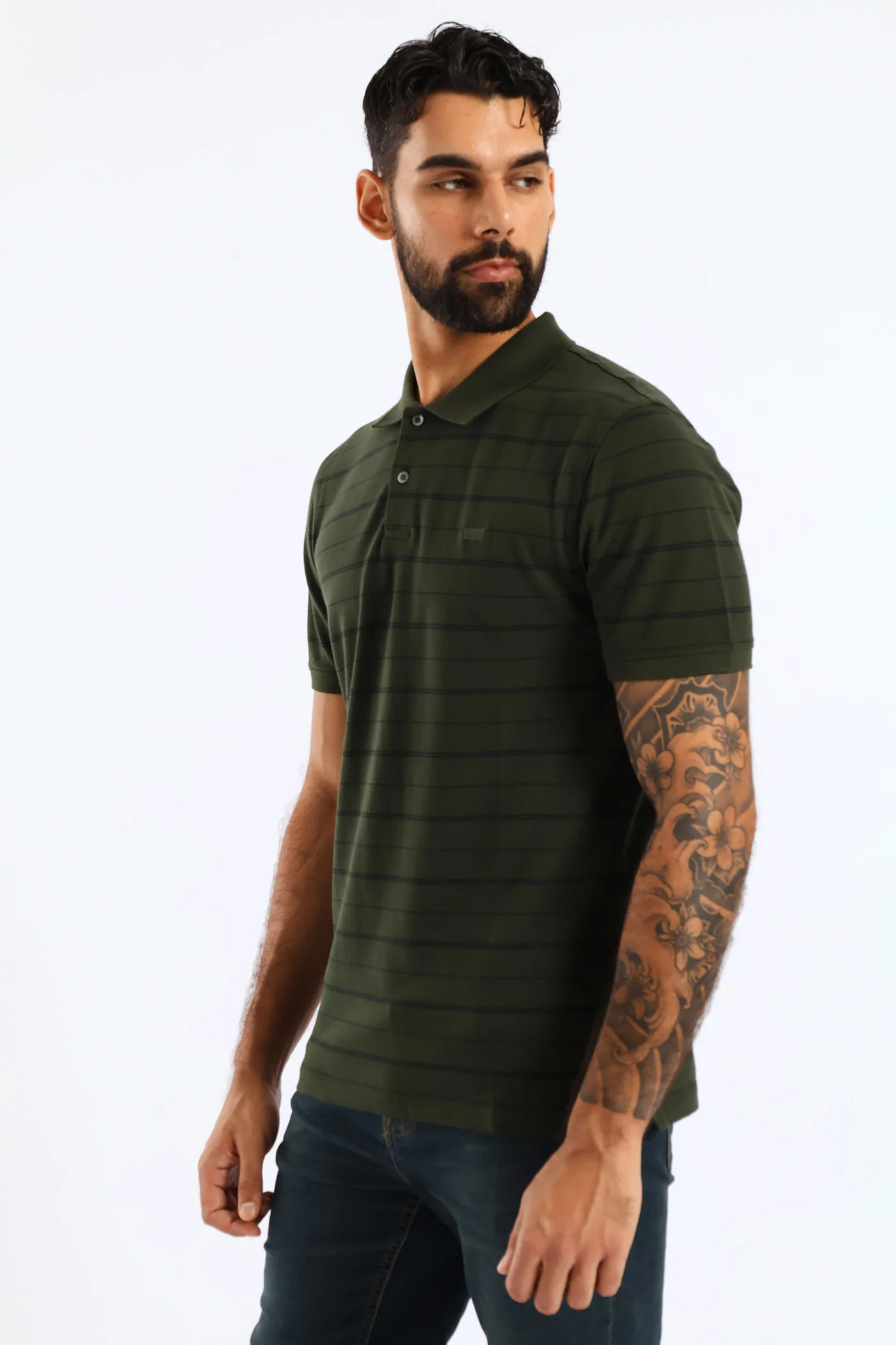 Slim Housemark Stripe Polo Golfer - Olive - Image 3