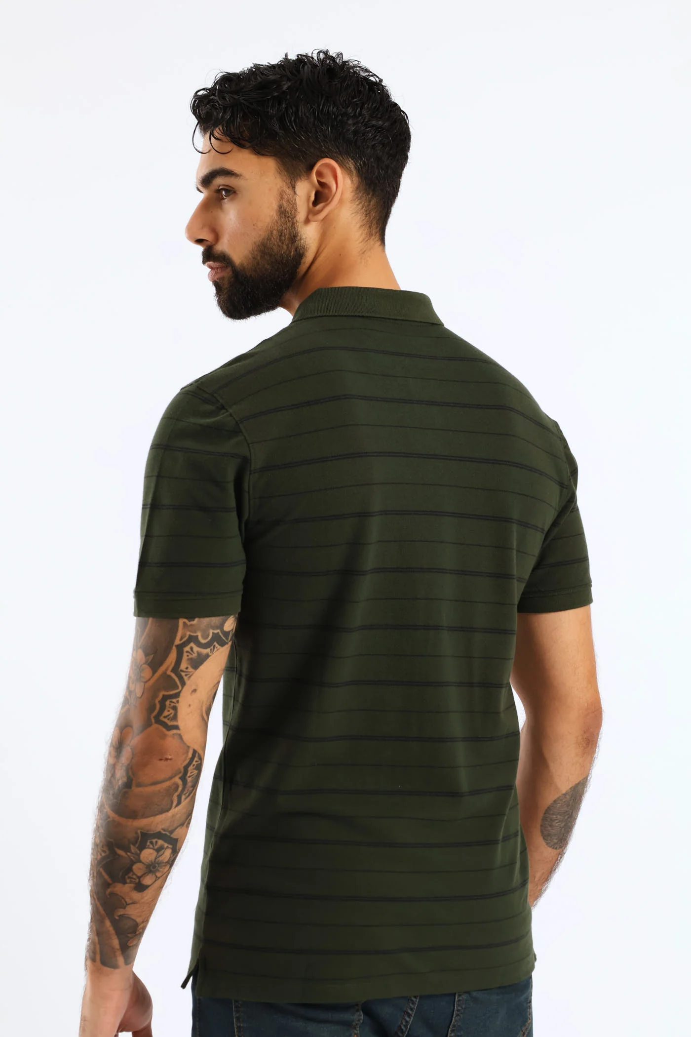 Slim Housemark Stripe Polo Golfer - Olive - Image 4