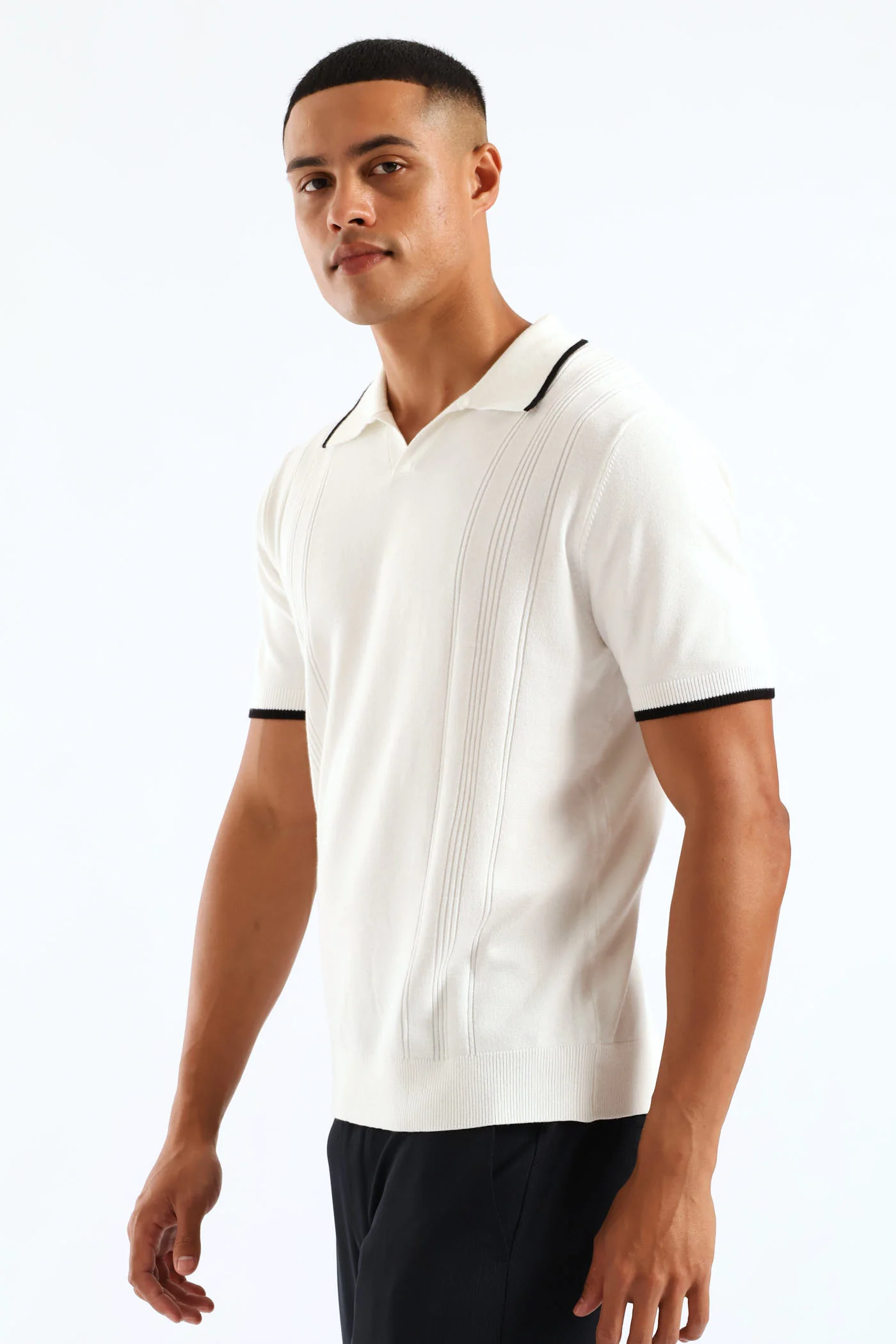 Slim Johnny Collar Knit Tee - White - Image 4