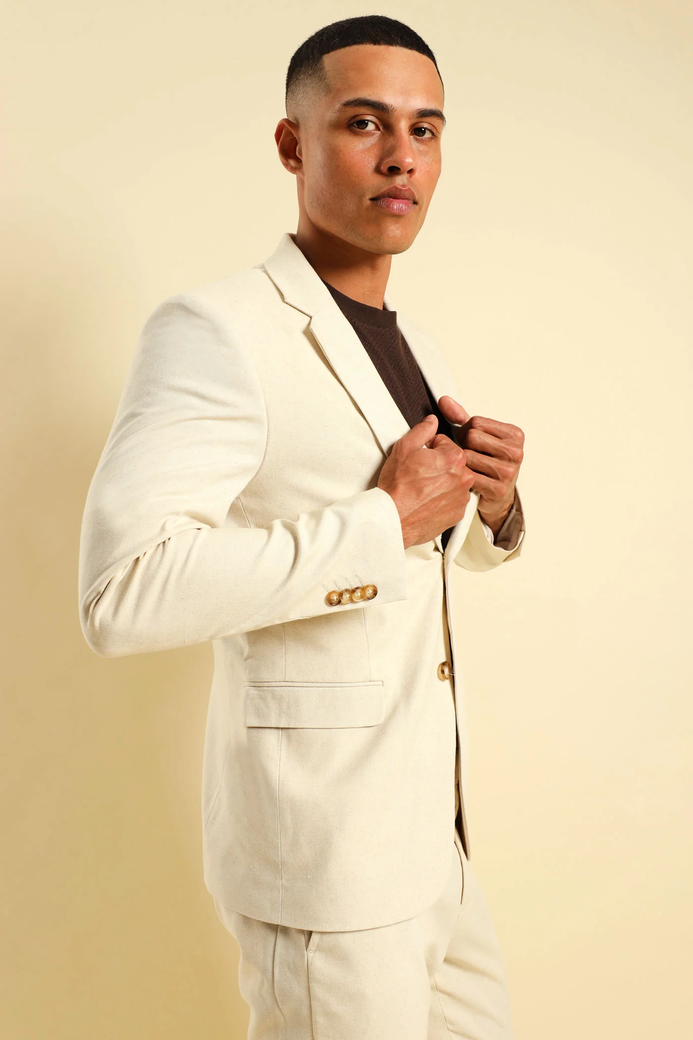 Slim Linen Suit Jacket - Natural - Image 3