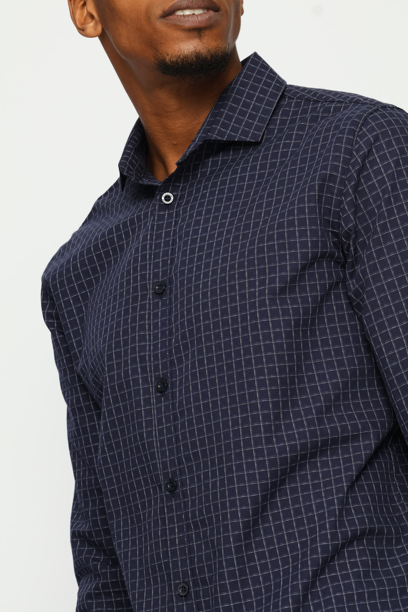 Slim Long Sleeve Check Textured Shirt - Dark Blue - Image 2