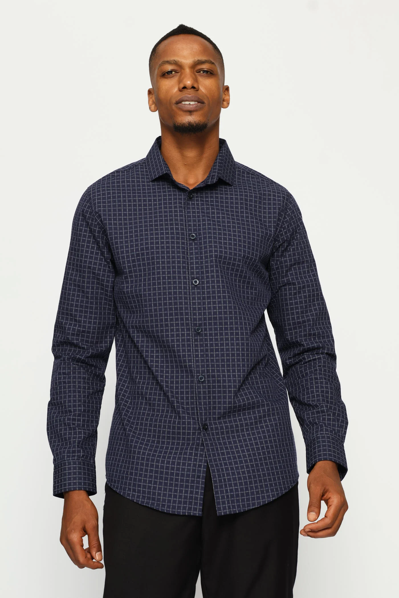 Slim Long Sleeve Check Textured Shirt - Dark Blue - Image 3