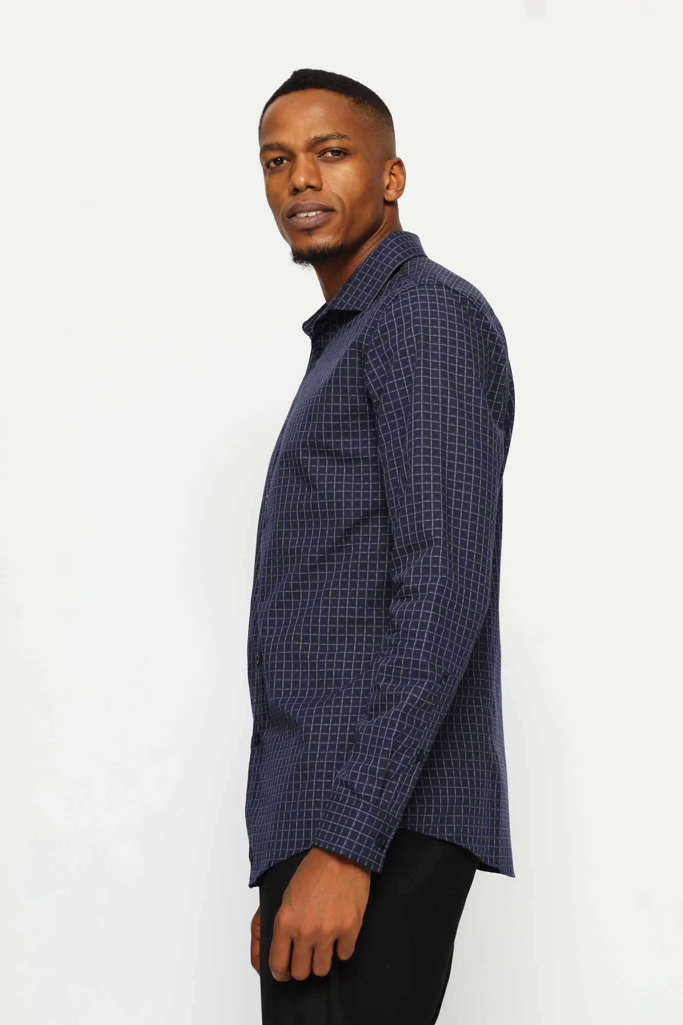 Slim Long Sleeve Check Textured Shirt - Dark Blue - Image 4