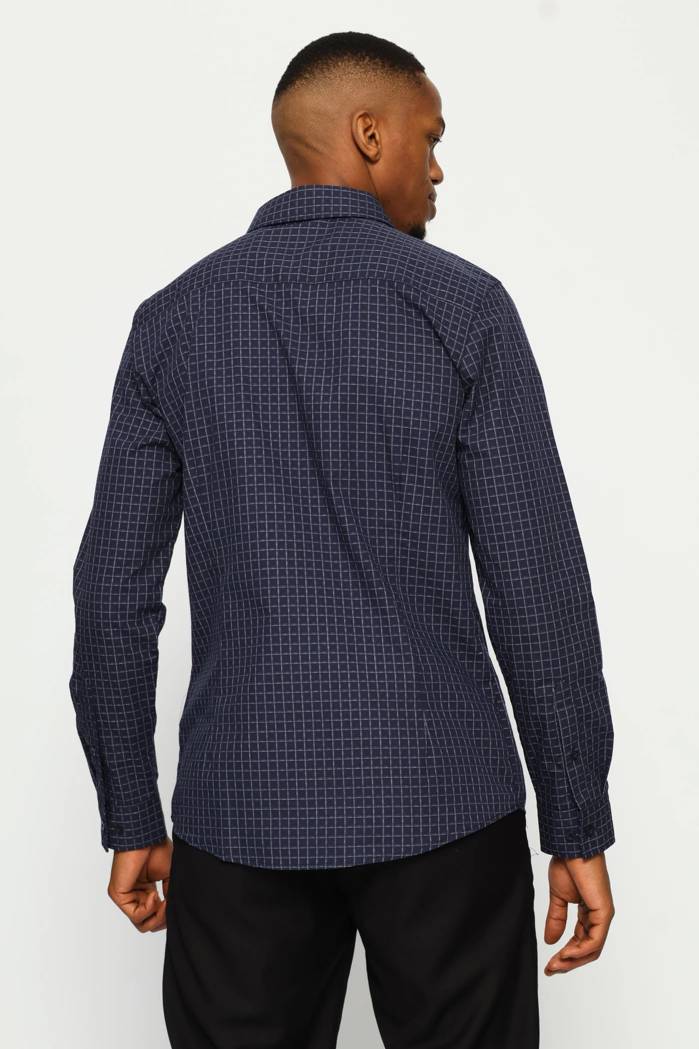 Slim Long Sleeve Check Textured Shirt - Dark Blue - Image 5