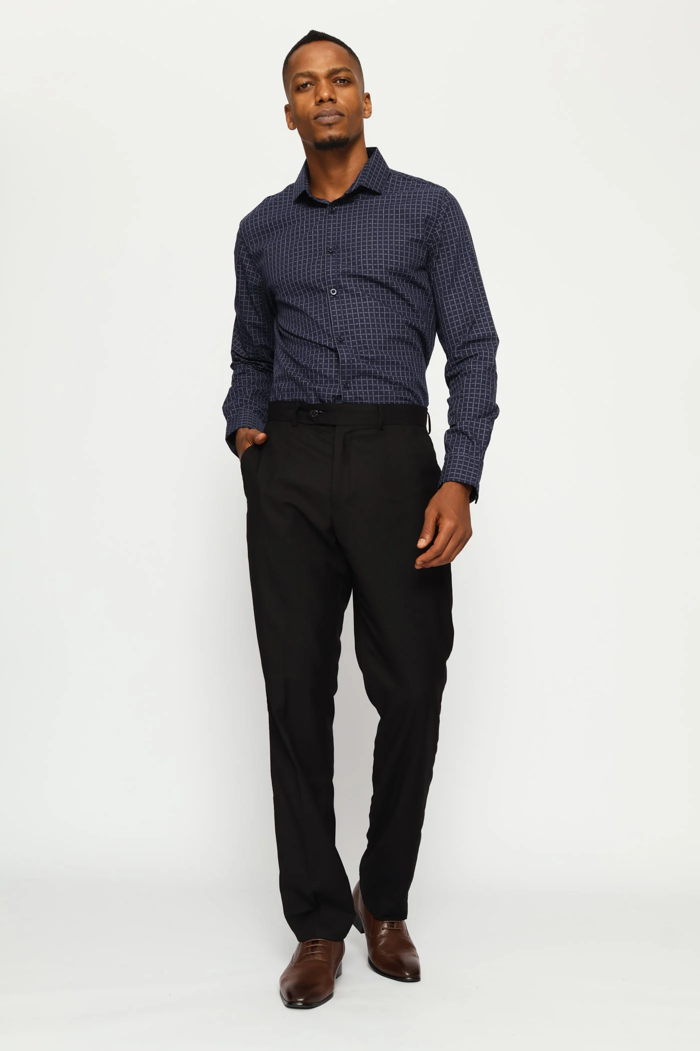 Slim Long Sleeve Check Textured Shirt - Dark Blue - Image 6