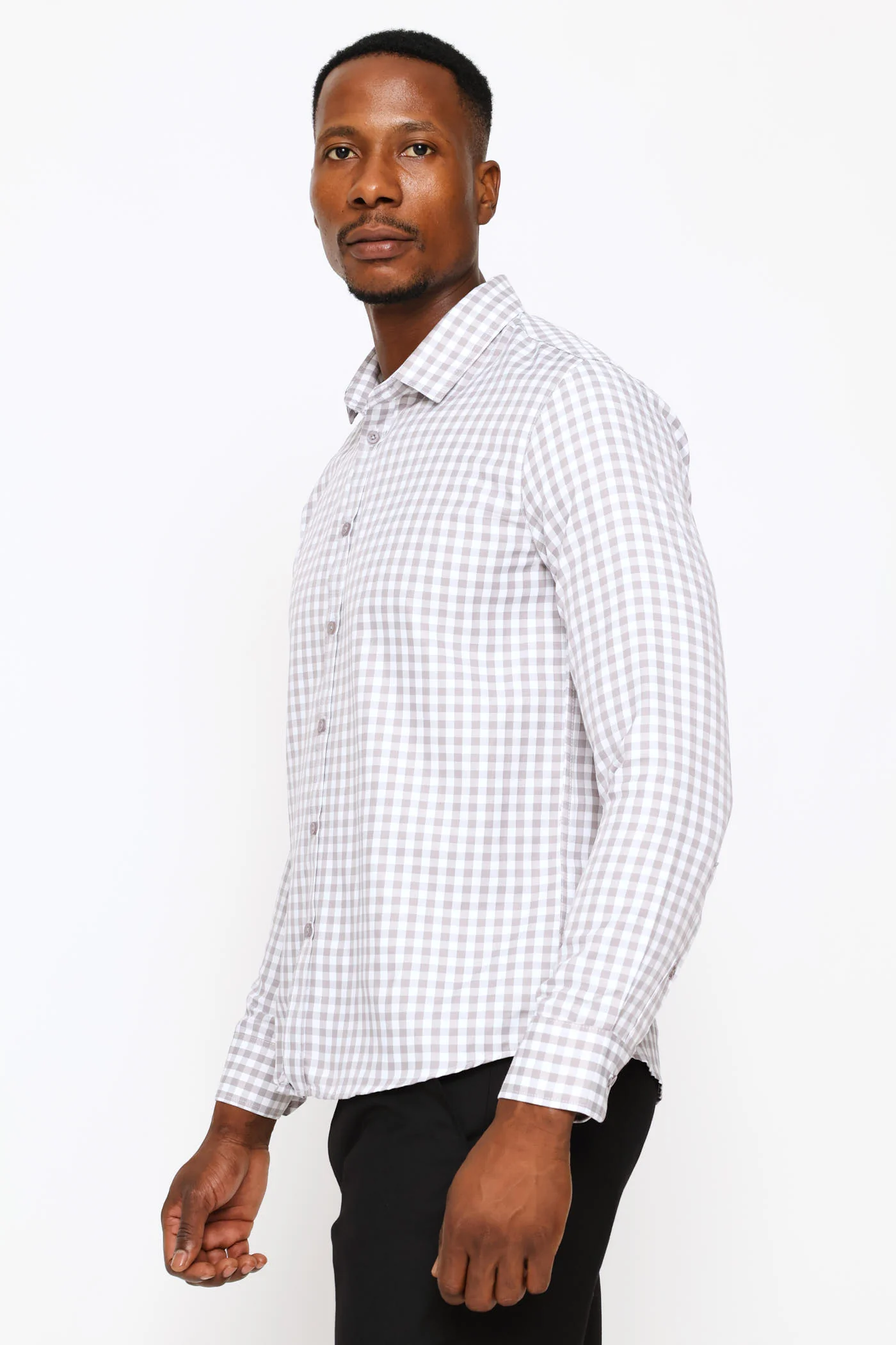 Slim Long Sleeve Check Textured Shirt - Grey/White - Image 3