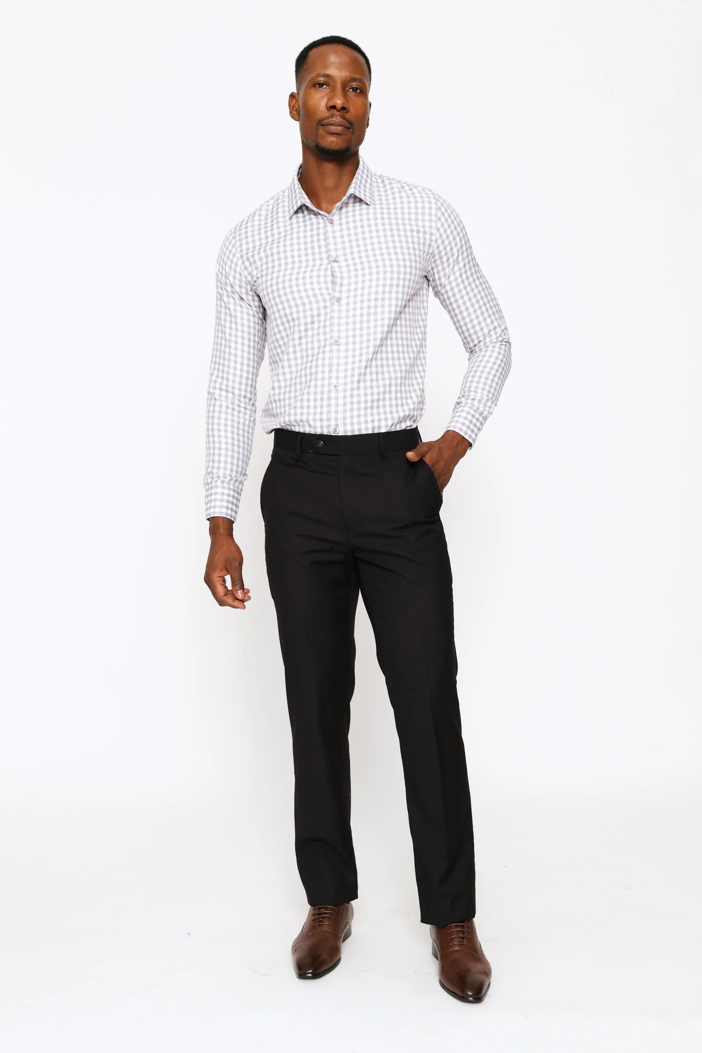 Slim Long Sleeve Check Textured Shirt - Grey/White - Image 5