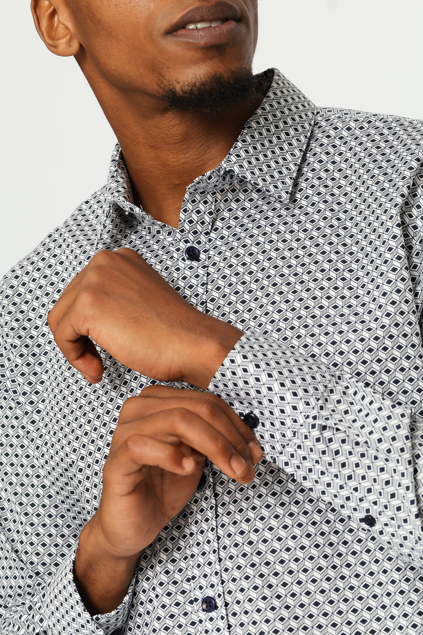 Slim Long Sleeve Geometric Block Printed Shirt - White/Navy - Image 2