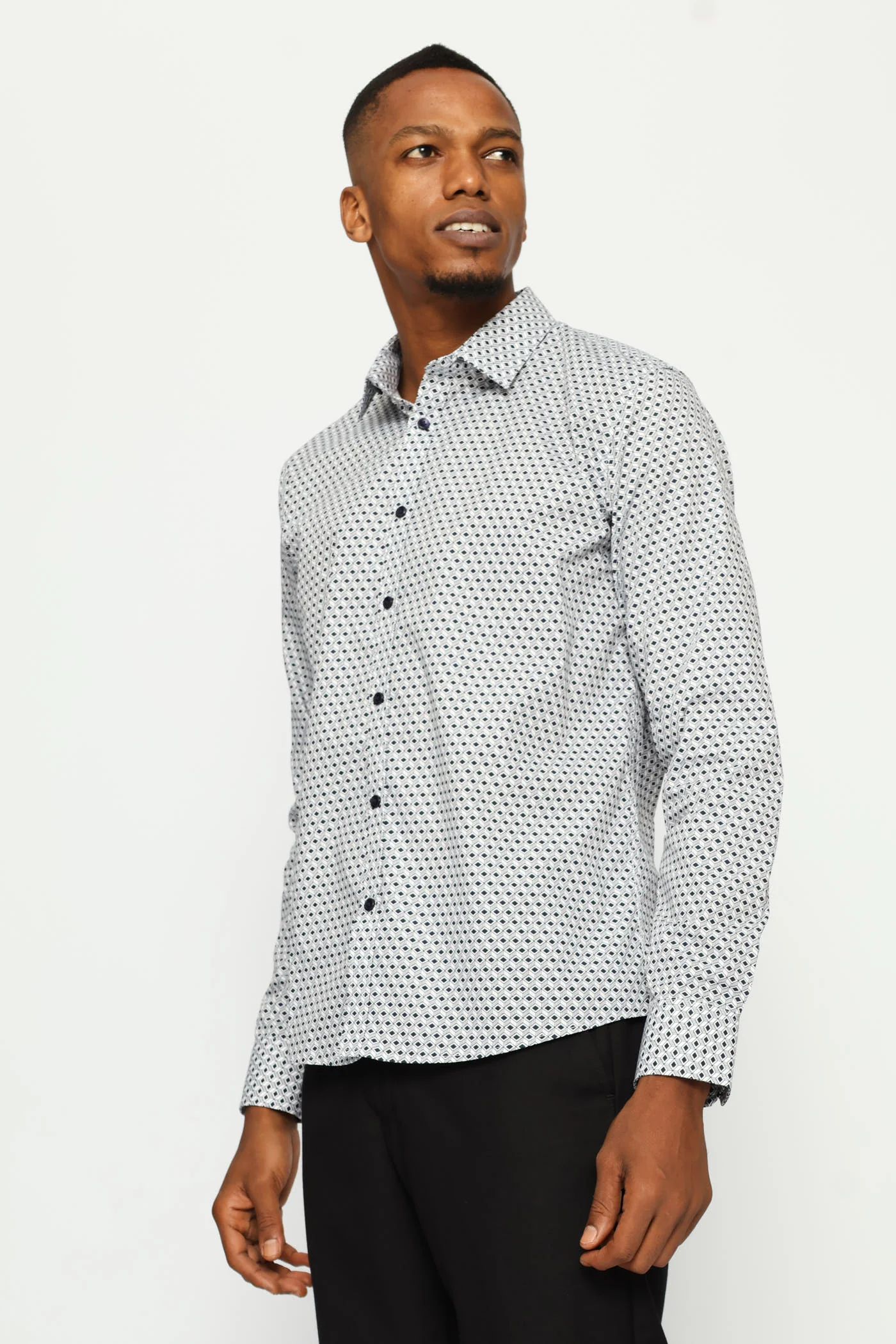 Slim Long Sleeve Geometric Block Printed Shirt - White/Navy - Image 3