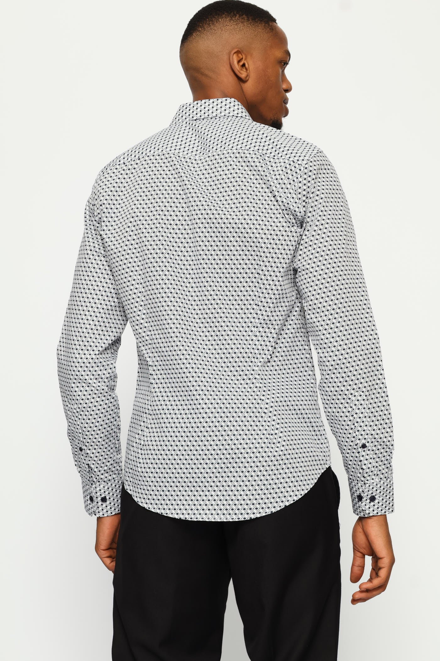 Slim Long Sleeve Geometric Block Printed Shirt - White/Navy - Image 4