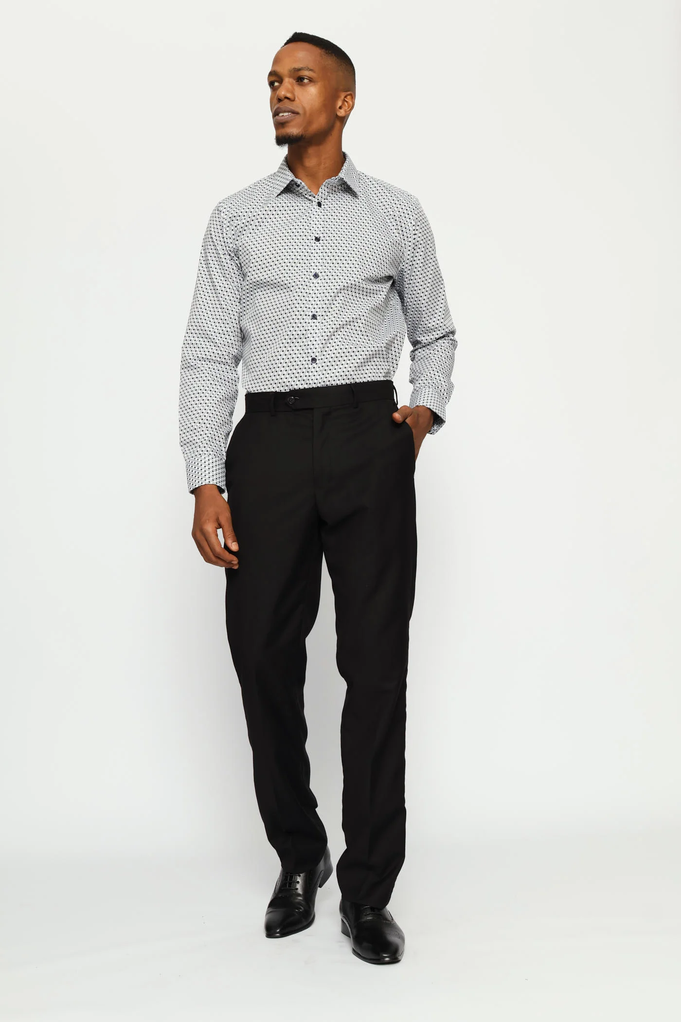 Slim Long Sleeve Geometric Block Printed Shirt - White/Navy - Image 5