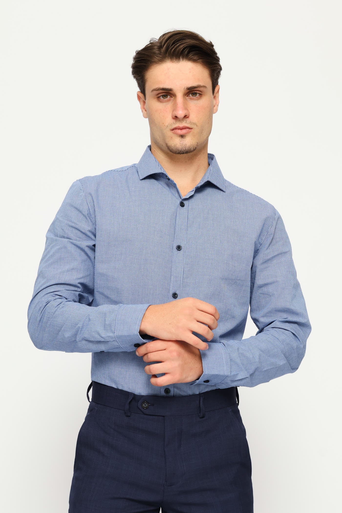 Slim Mini Check Printed Shirt - Mid Blue - Image 3